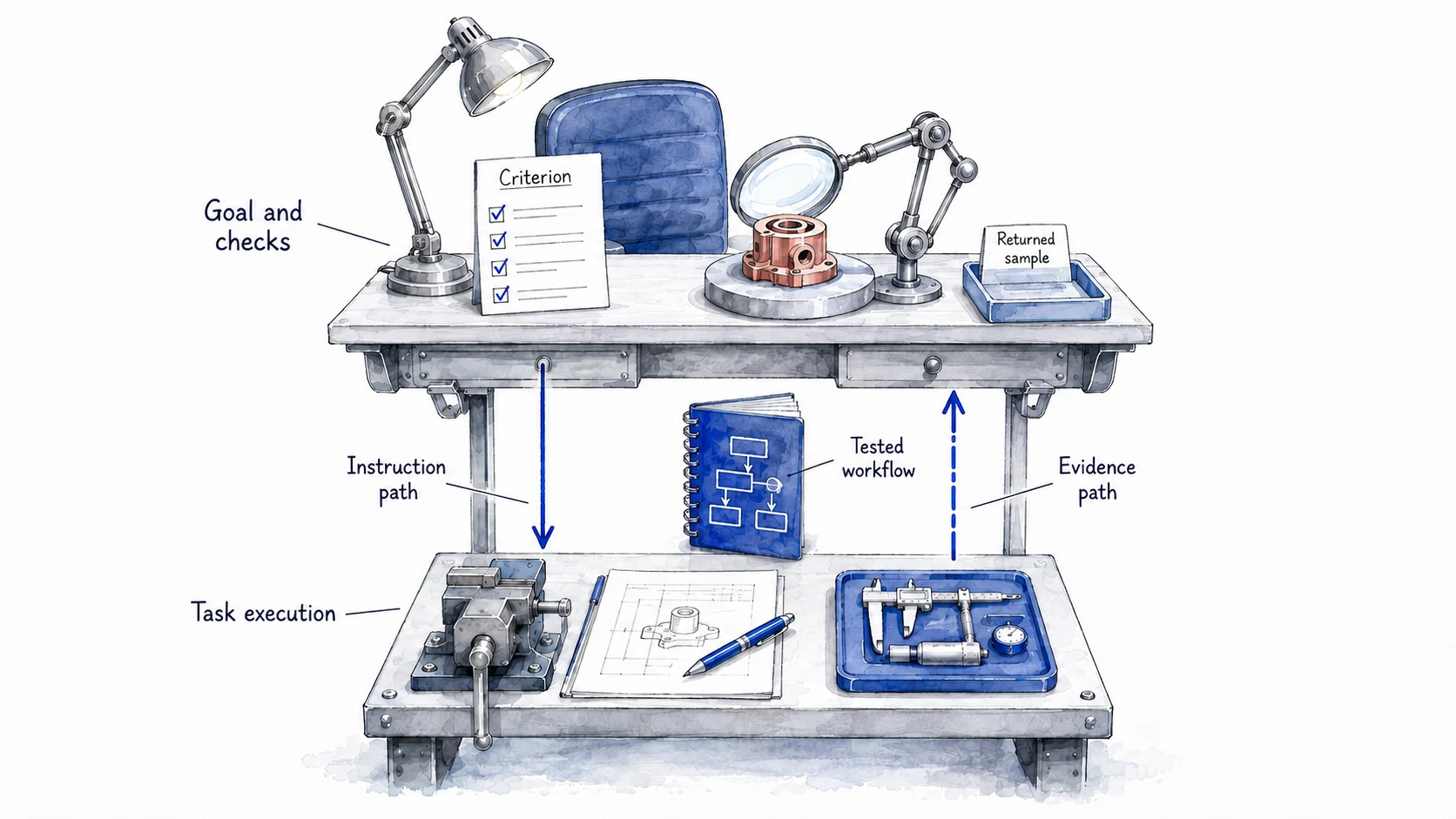 A two-level workbench sends goals and instructions down to task execution and returns evidence up for checking, with a tested workflow between the levels.