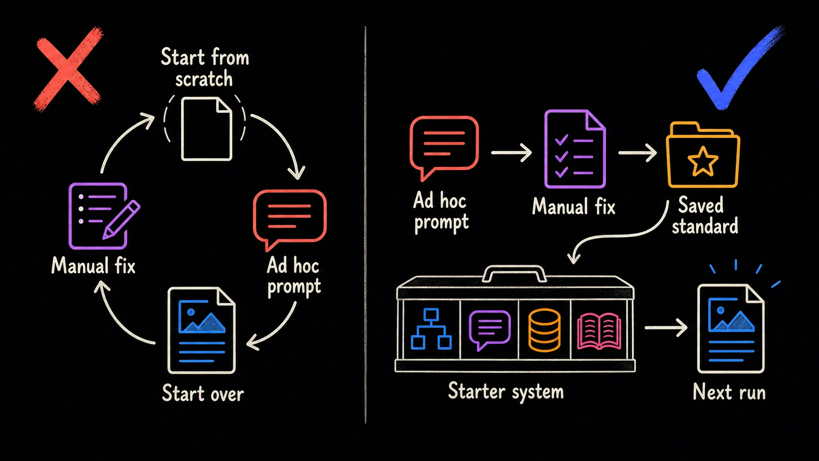 A side-by-side comparison showing ad hoc prompting restarting from scratch while a saved standard feeds a starter system and the next run