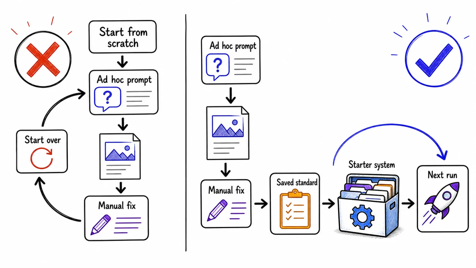 A side-by-side comparison showing ad hoc prompting restarting from scratch while a saved standard feeds a starter system and the next run