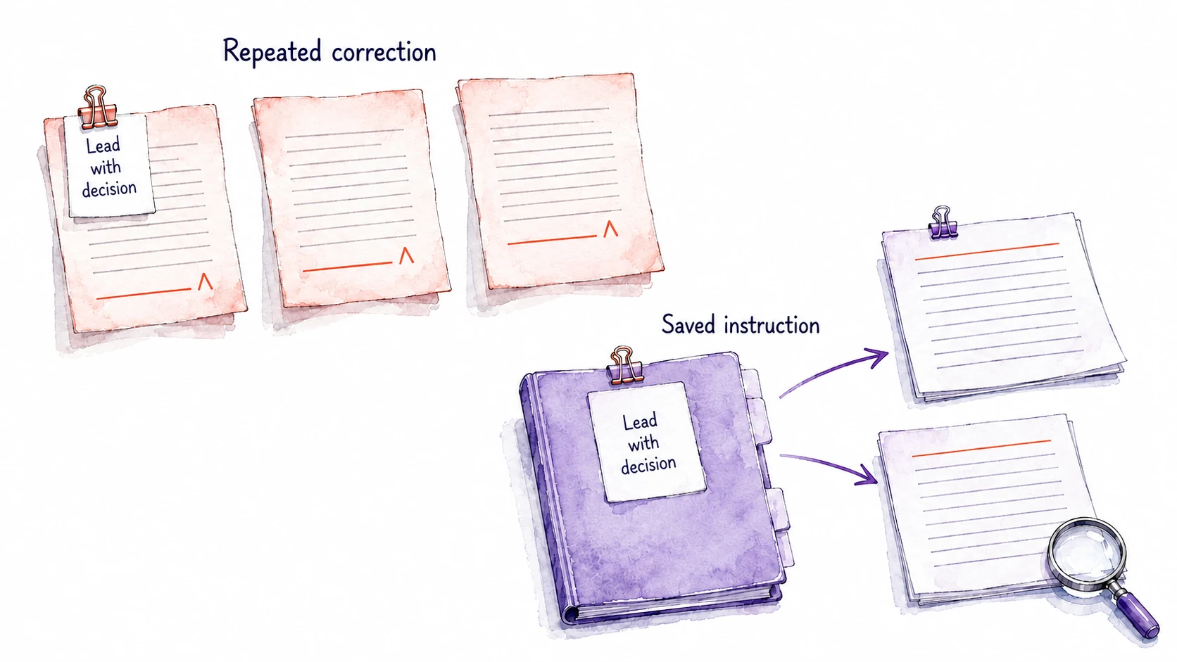 Repeated drafts require the decision to be raised to the top; saving Lead with decision supplies that instruction to two later drafts with the decision already first.