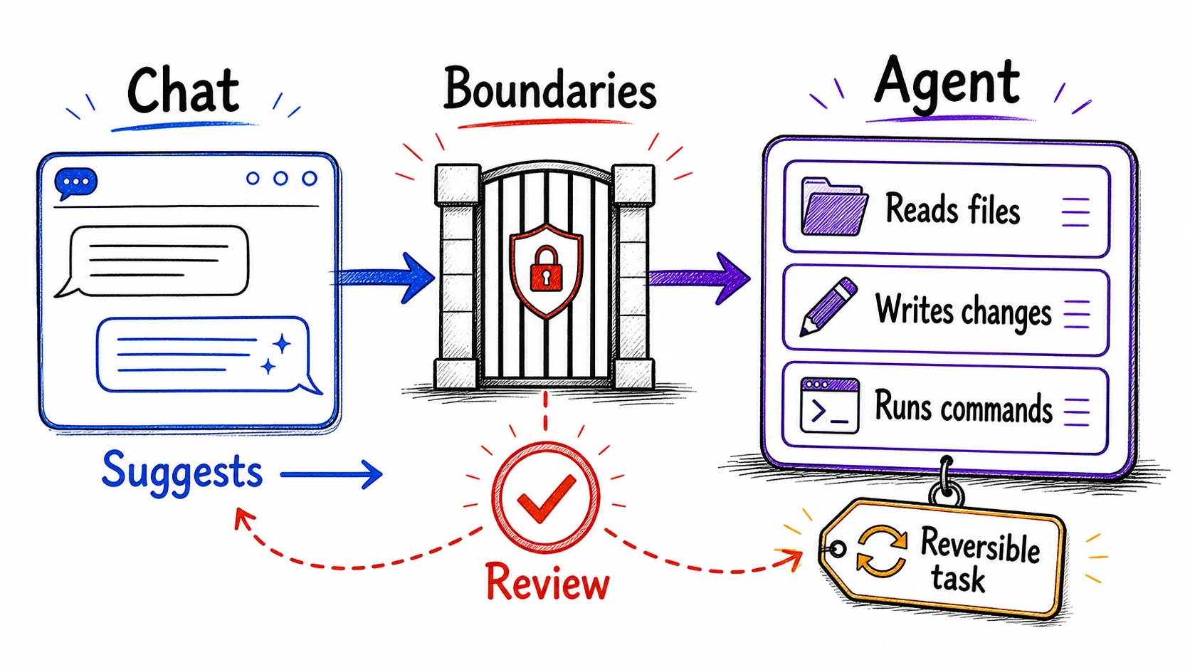 Hand-drawn action boundary diagram showing chat suggestions separated from an agent that reads files, writes changes, and runs commands behind boundaries and review.