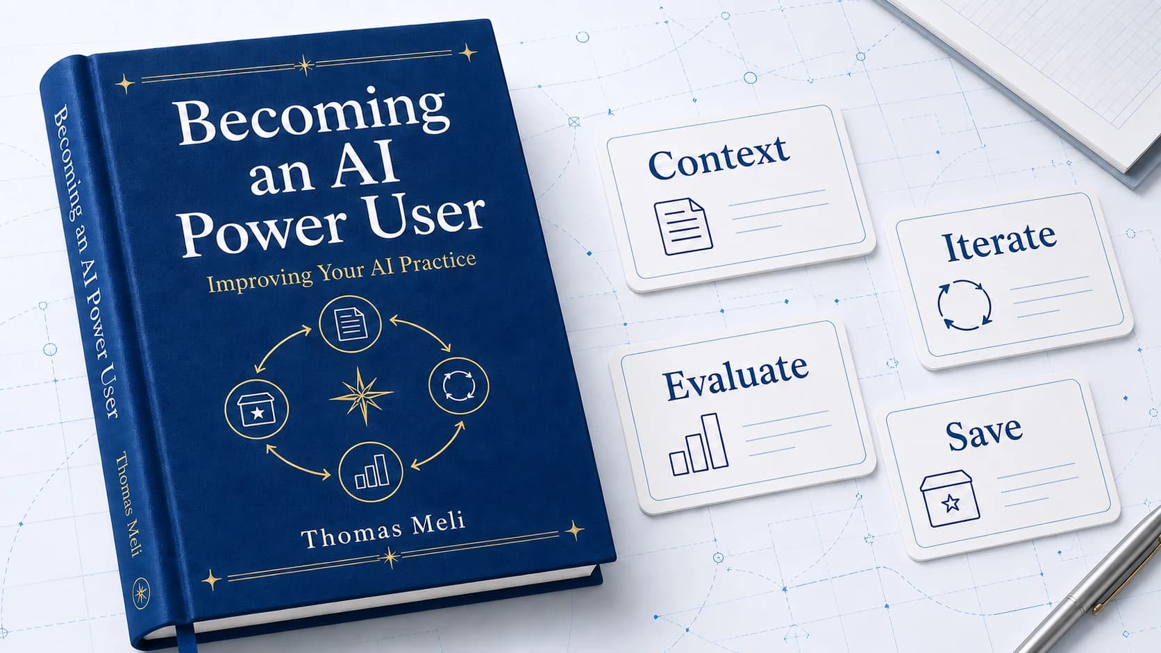 A cobalt Becoming an AI Power User hardcover beside context, iteration, evaluation, and saved-work cards.