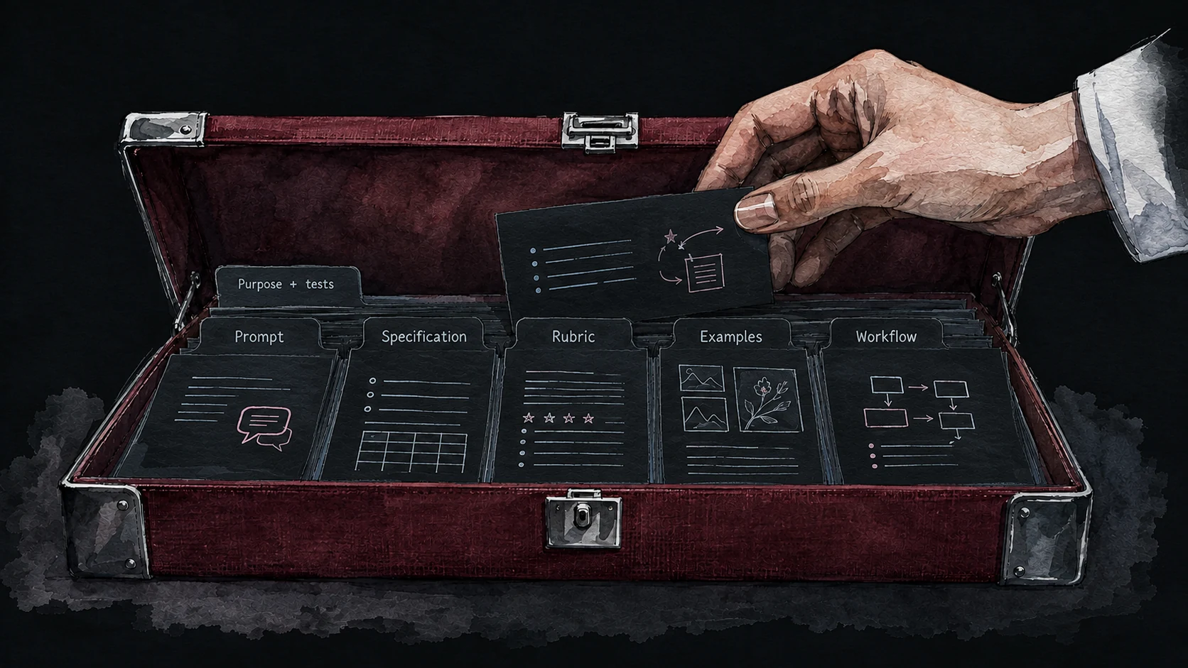 A person retrieves a reusable item from a kit organized into prompts, specifications, rubrics, examples and workflows, with purpose and tests attached.