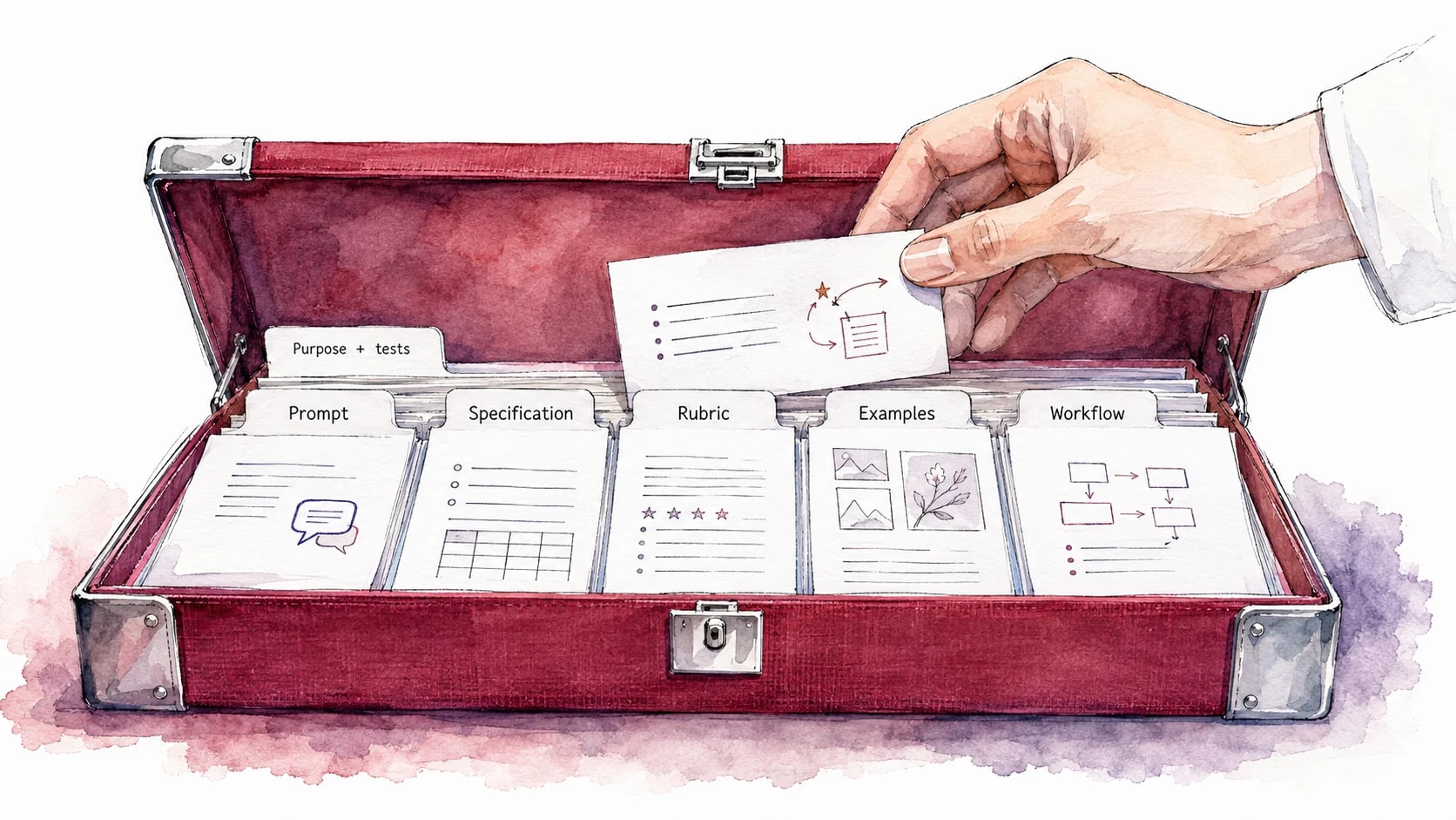 A person retrieves a reusable item from a kit organized into prompts, specifications, rubrics, examples and workflows, with purpose and tests attached.