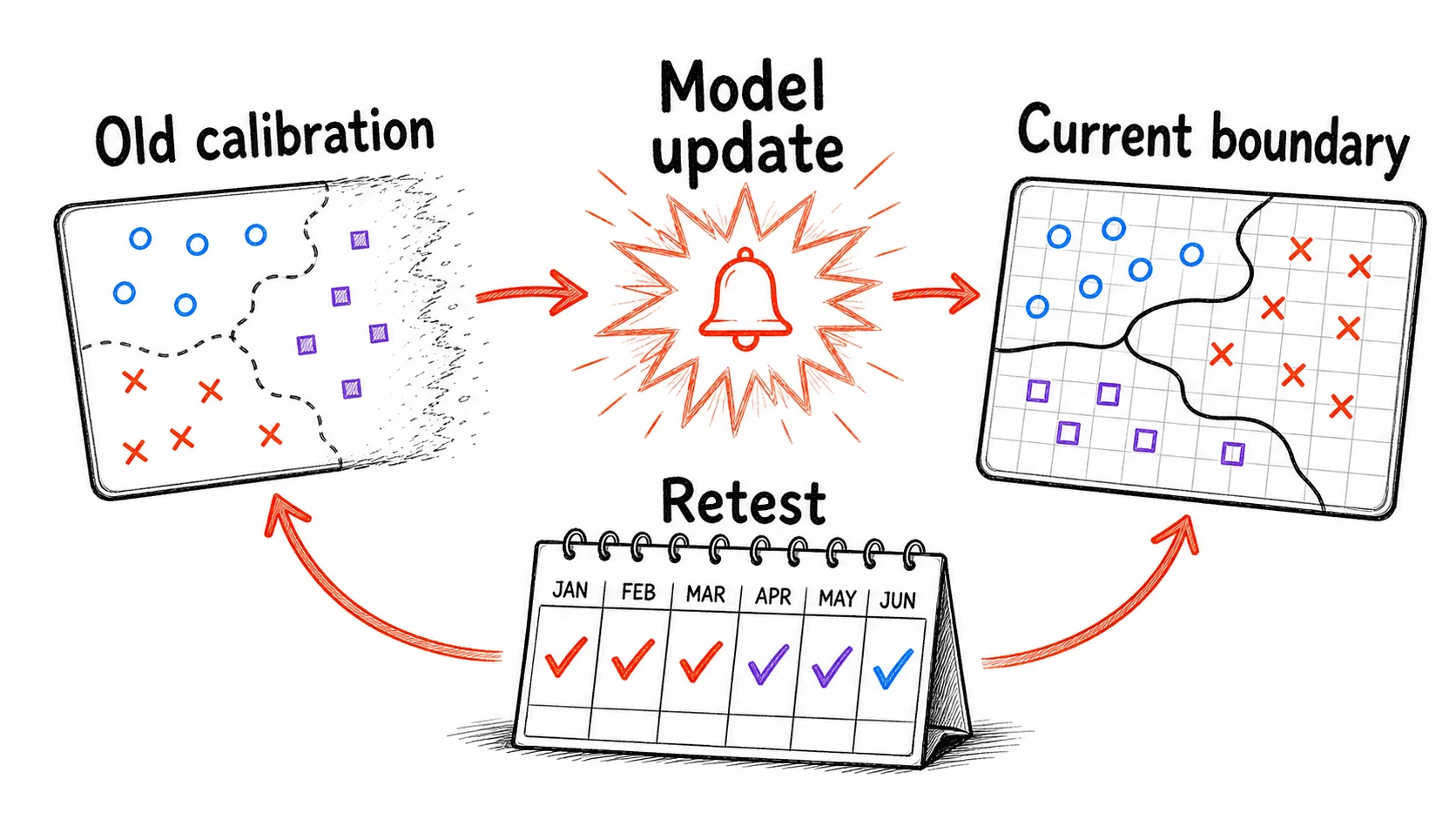 Hand-drawn recalibration map showing old calibration interrupted by a model update, a retest calendar, and a refreshed current boundary.