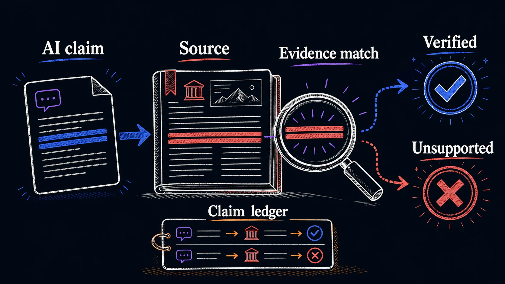 Hand-drawn verification chain showing an AI claim checked against a source, evidence match, verified and unsupported outcomes, and a claim ledger.