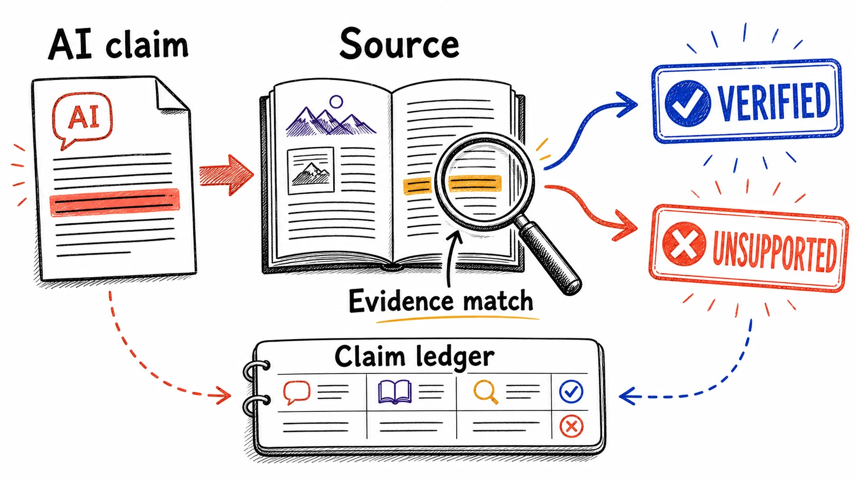 Hand-drawn verification chain showing an AI claim checked against a source, evidence match, verified and unsupported outcomes, and a claim ledger.