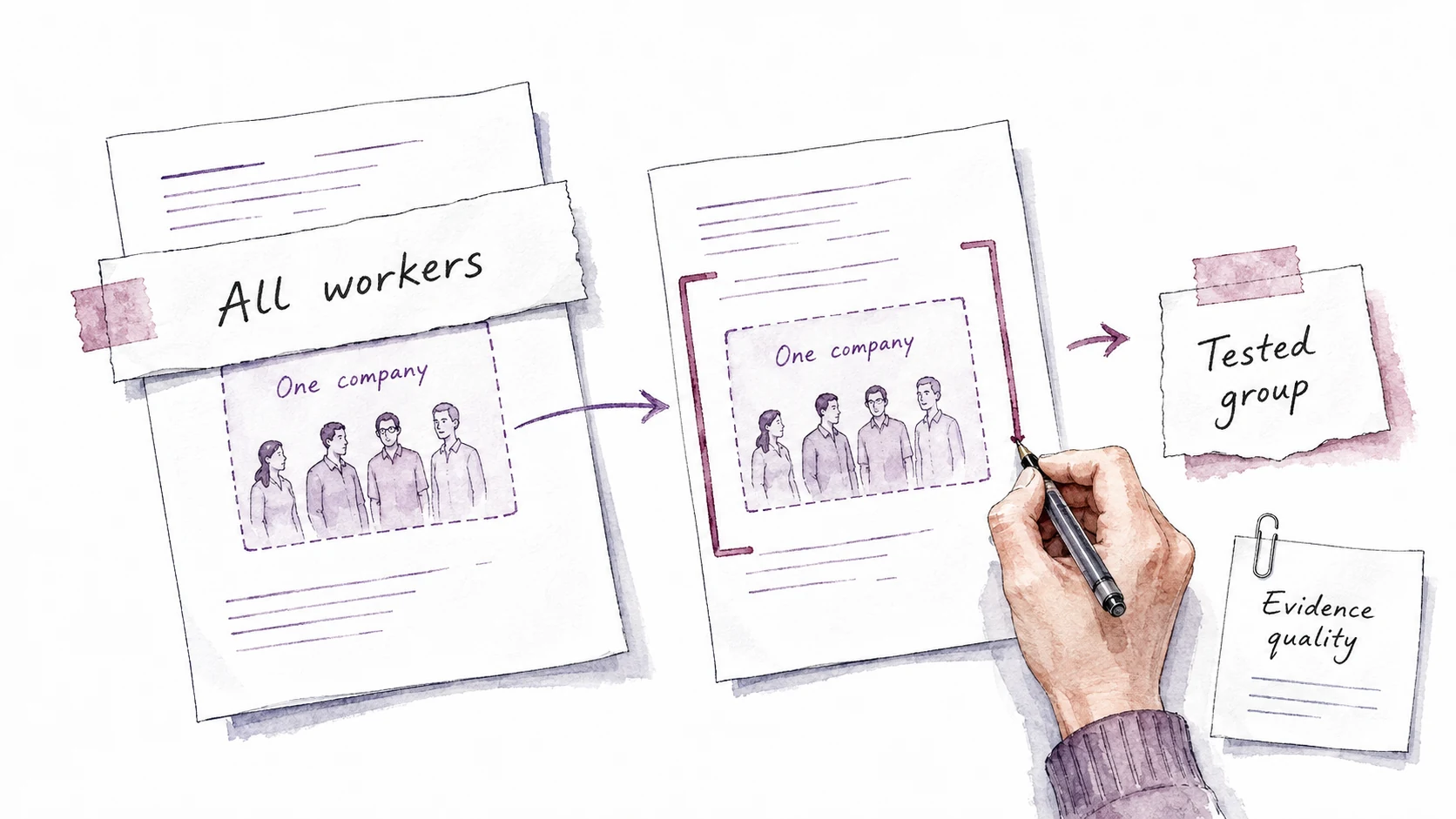 A broad claim about all workers is narrowed to the tested group from one company, with evidence quality considered separately.