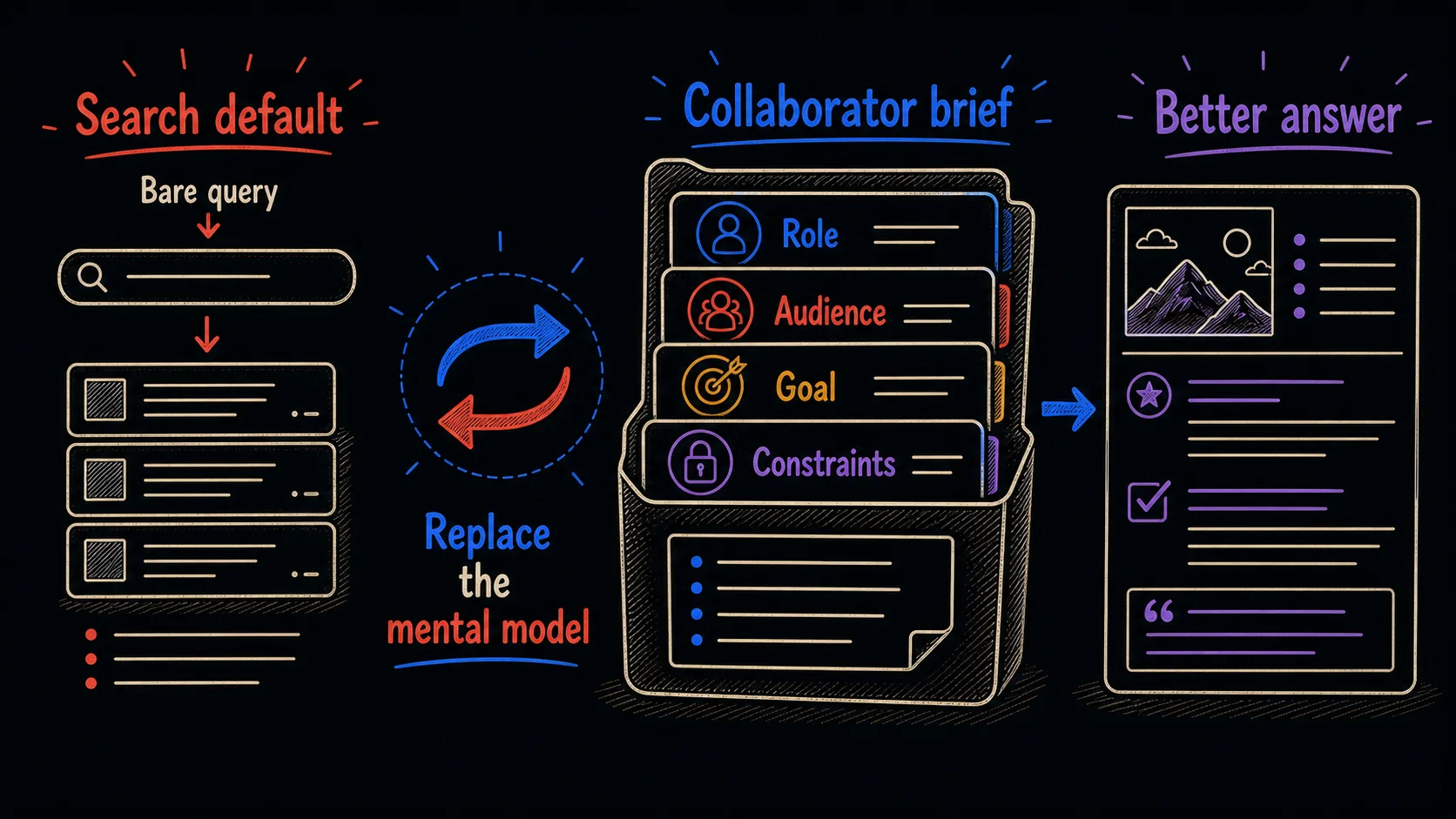 Hand-drawn side-by-side diagram showing a bare search-style query producing a thin answer, replaced by a collaborator brief with role, audience, goal, and constraints producing a better answer.