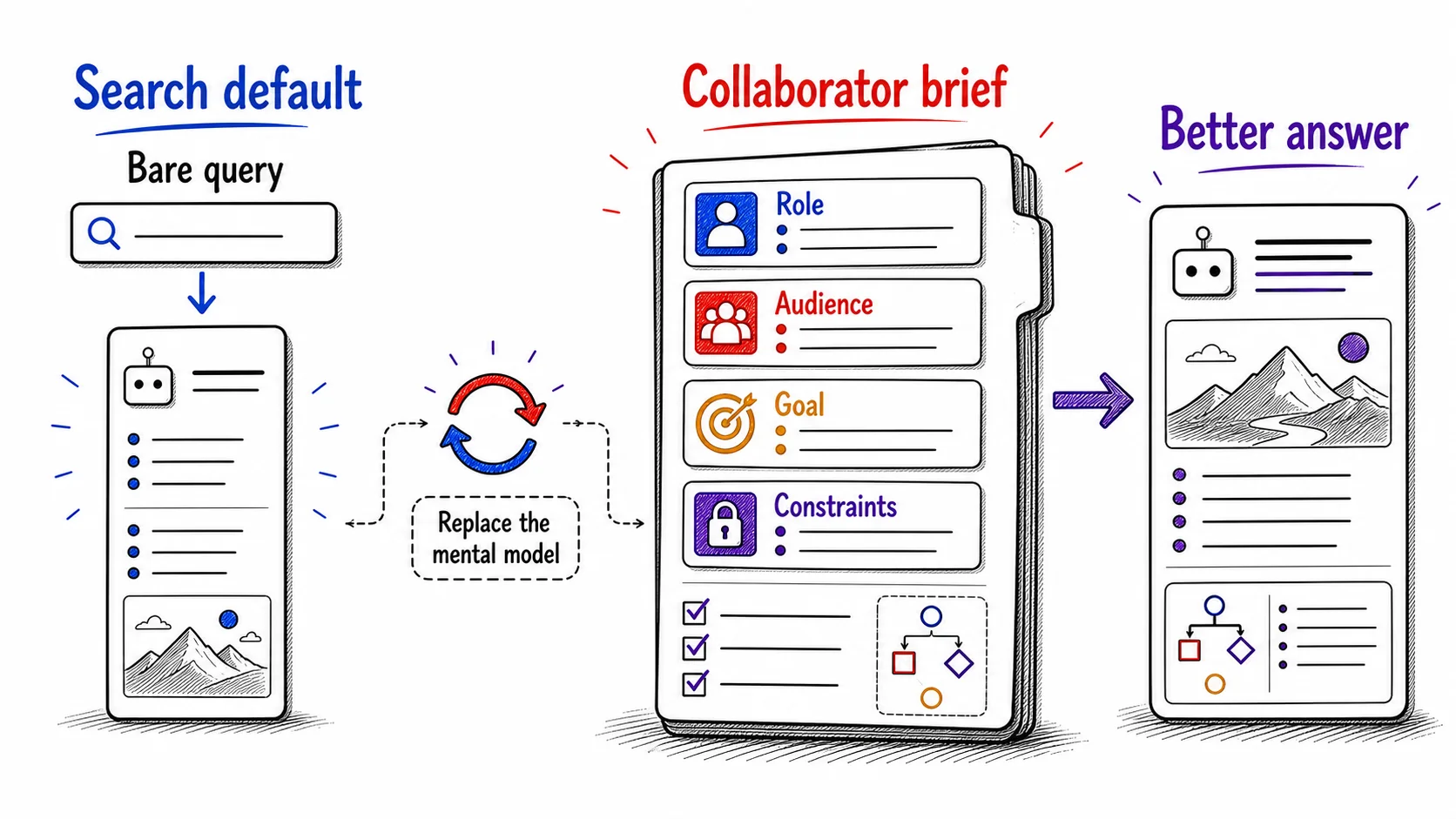 Hand-drawn side-by-side diagram showing a bare search-style query producing a thin answer, replaced by a collaborator brief with role, audience, goal, and constraints producing a better answer.
