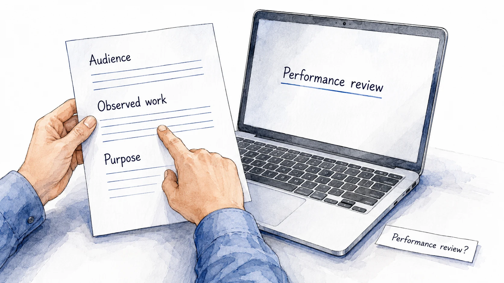A person briefs a performance review by pointing to observed work alongside its audience and purpose.