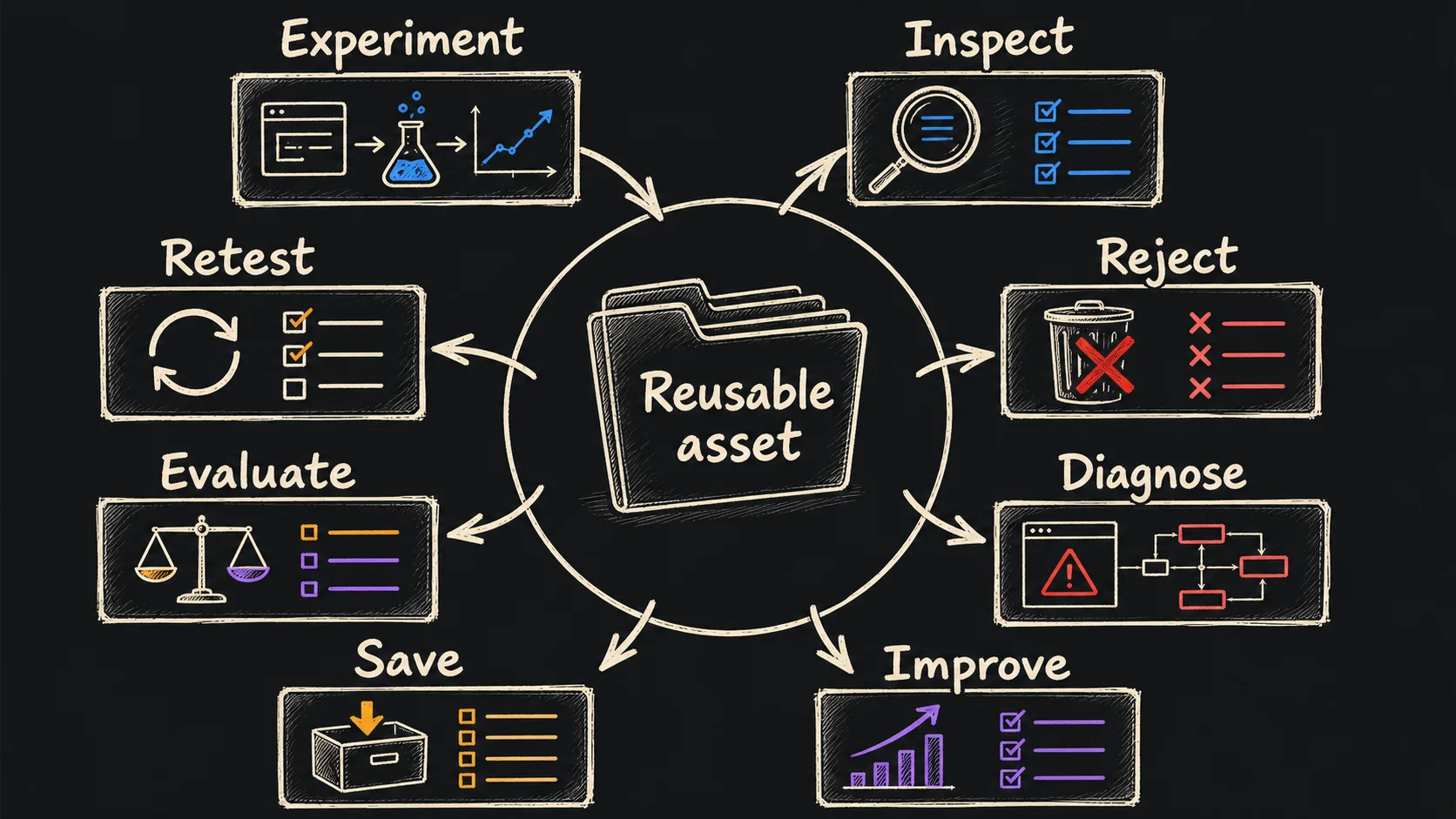 An eight-stage compounding loop around a reusable asset folder