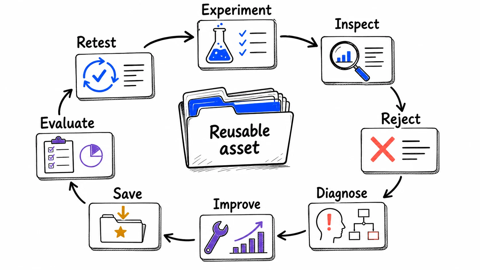 An eight-stage compounding loop around a reusable asset folder