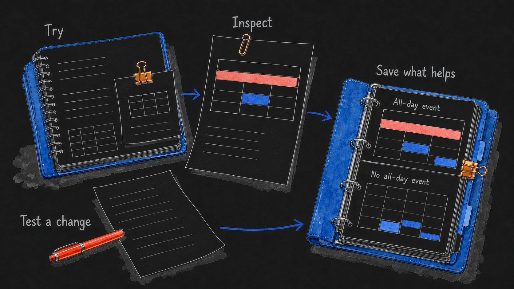 Trying and inspecting a calendar result, testing a change, and saving useful examples are arranged around a notebook comparing all-day and ordinary events.