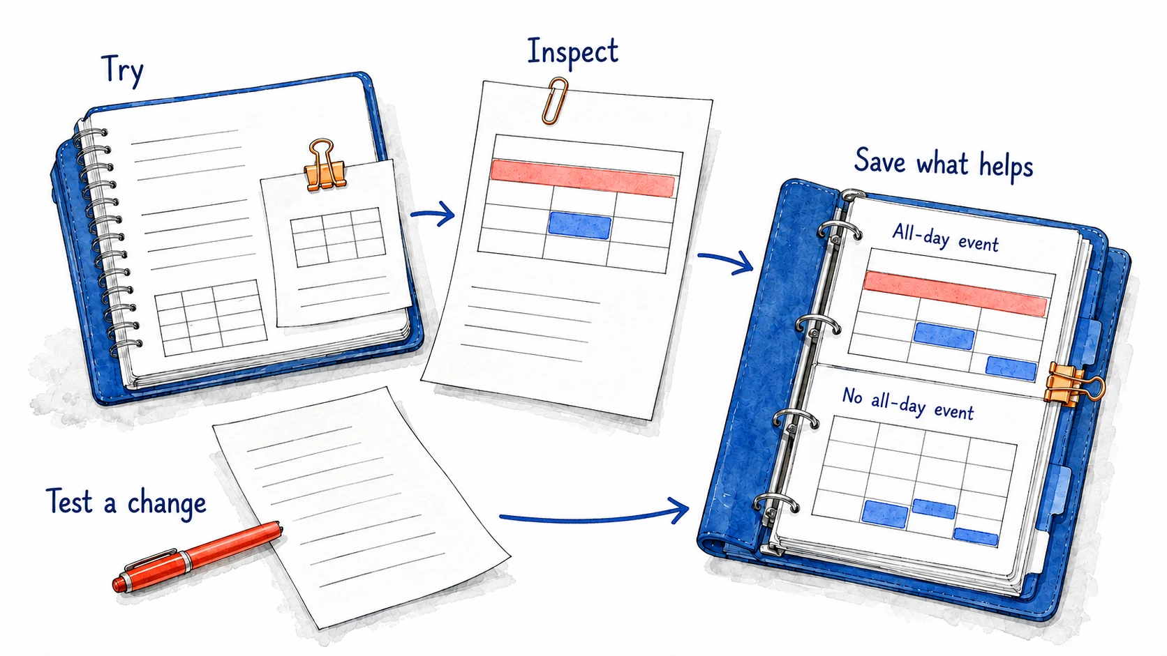 Trying and inspecting a calendar result, testing a change, and saving useful examples are arranged around a notebook comparing all-day and ordinary events.