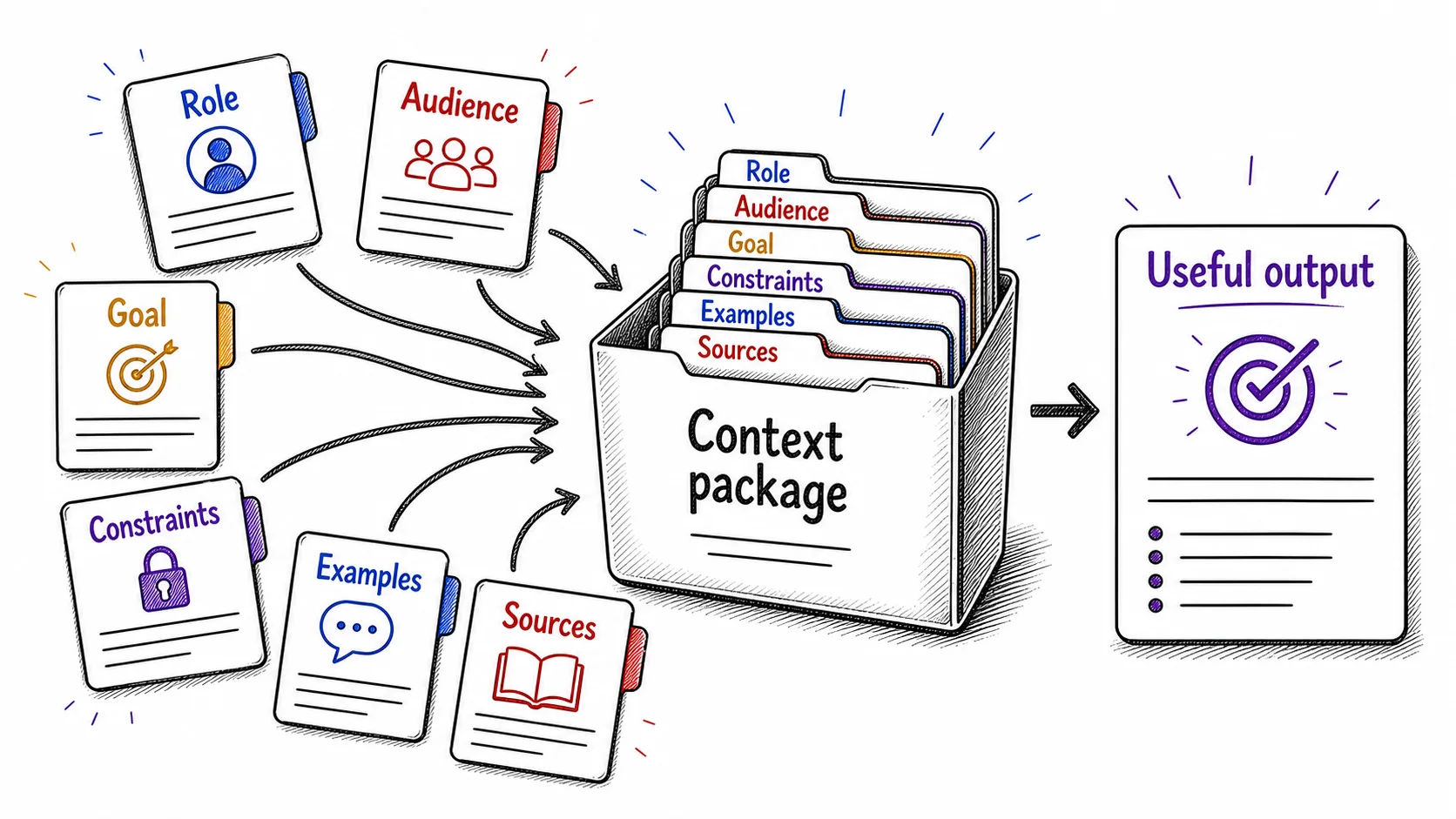 Hand-drawn part-to-whole diagram showing role, audience, goal, constraints, examples, and sources assembled into a reusable context package that produces useful output.