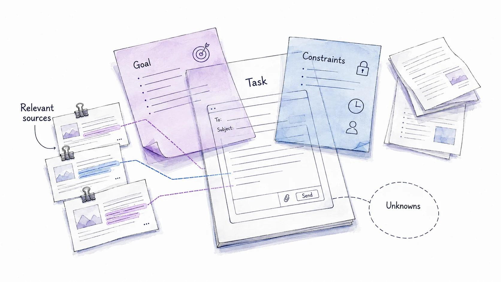 Relevant source passages connect to a task beneath transparent goal and constraint layers, while unknowns remain visible.