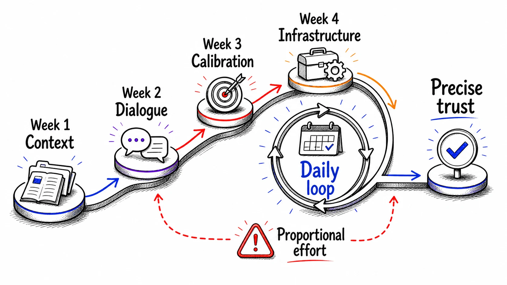 Hand-drawn four-week practice path showing context, dialogue, calibration, and infrastructure feeding a daily loop, proportional effort, and precise trust.