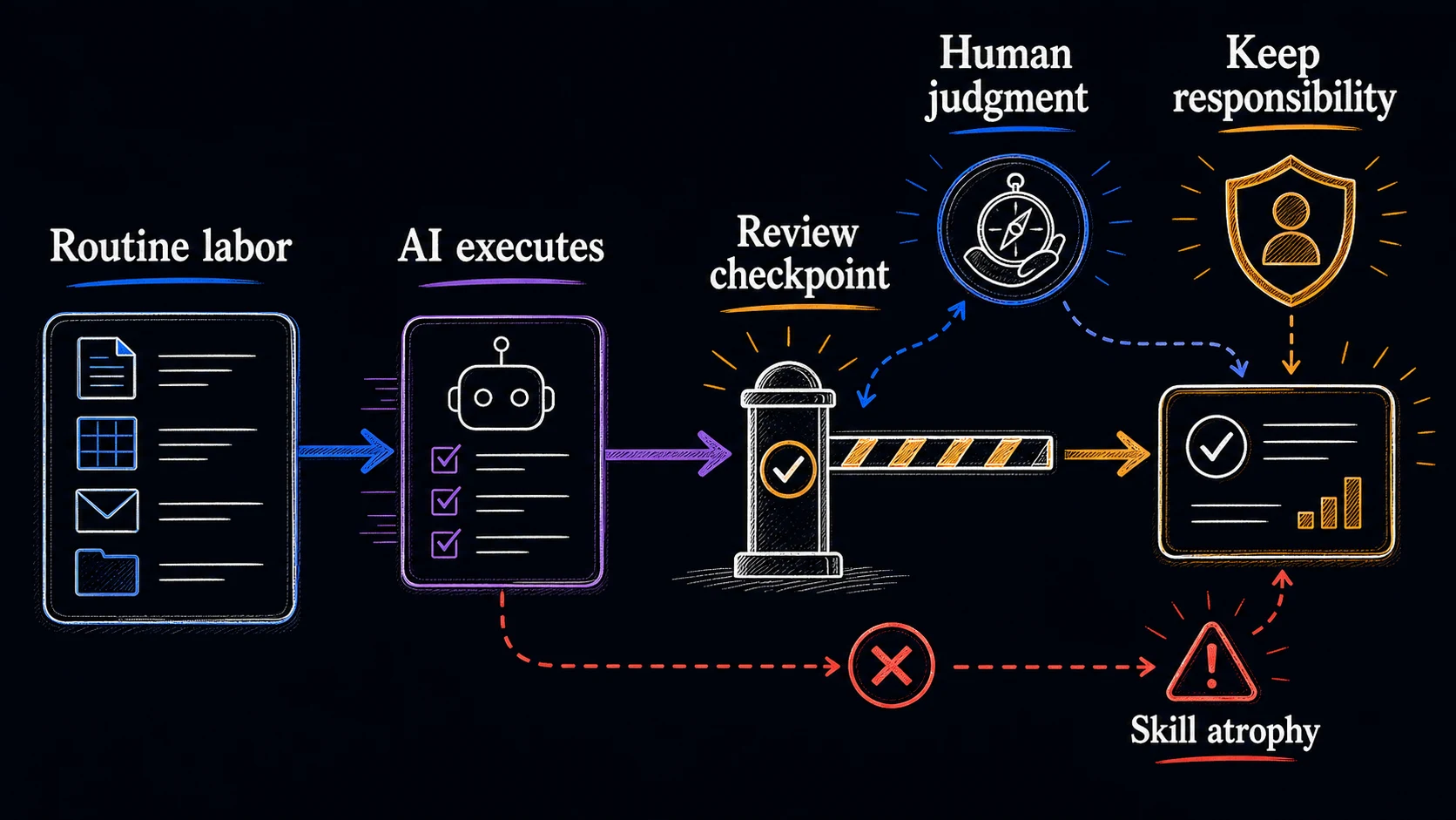 Hand-drawn delegation map showing routine labor executed by AI, a review checkpoint, human judgment, responsibility, and skill atrophy risk.