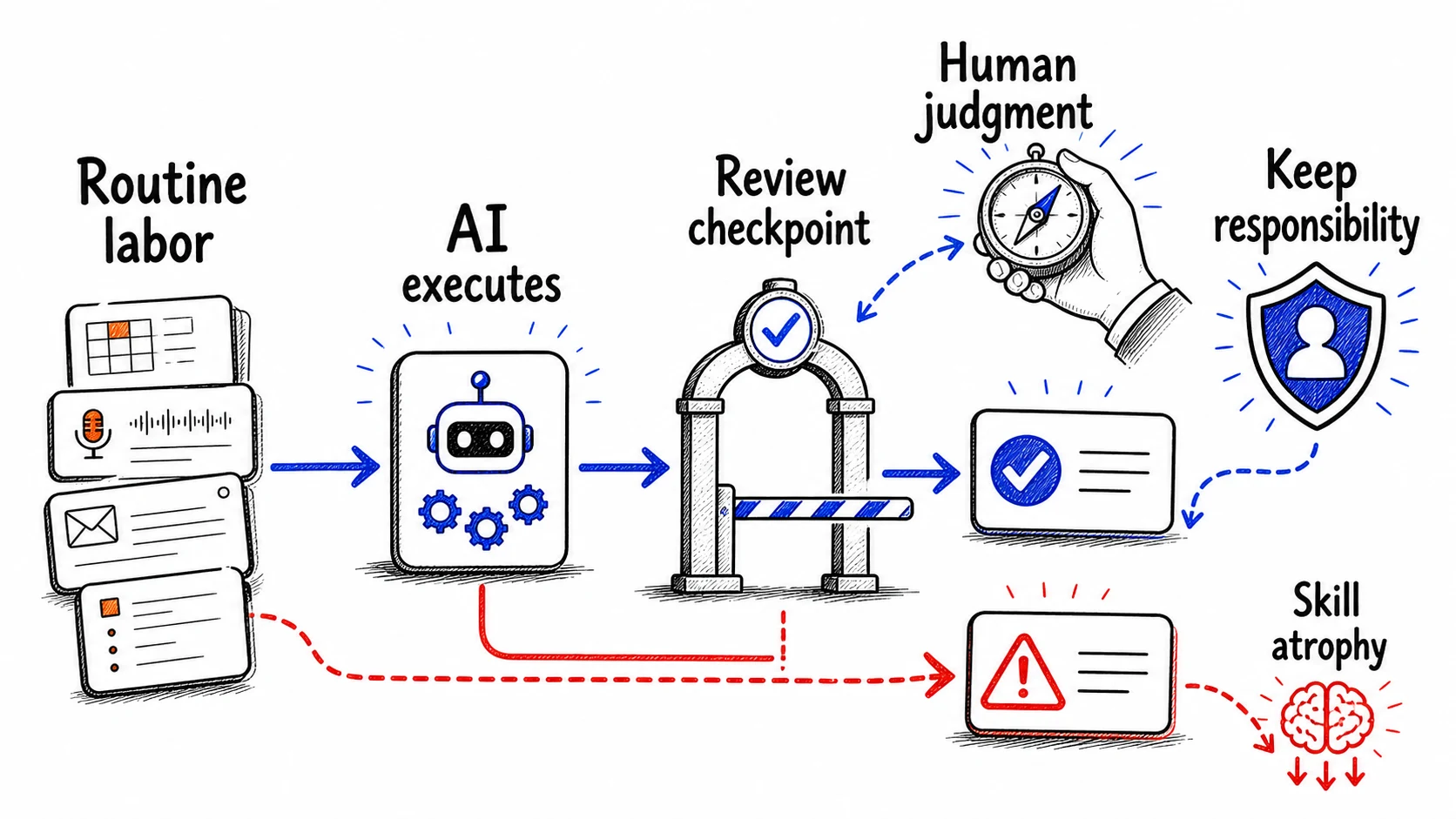 Hand-drawn delegation map showing routine labor executed by AI, a review checkpoint, human judgment, responsibility, and skill atrophy risk.