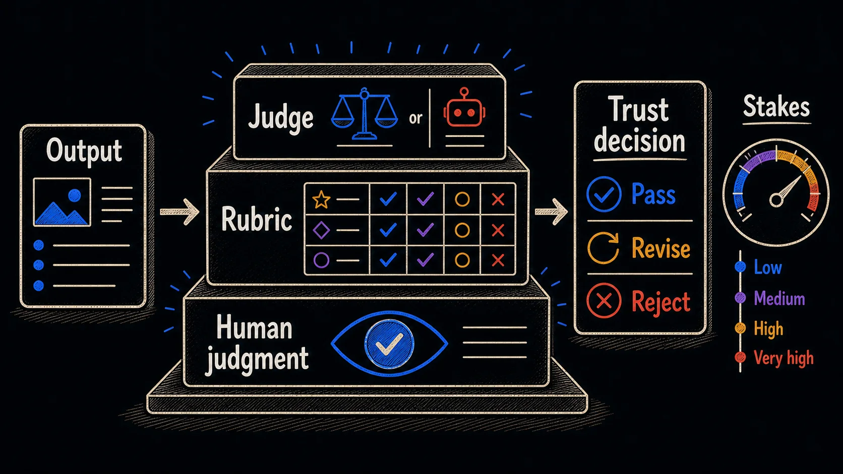 Hand-drawn layered evaluation stack showing AI output passing through human judgment, a rubric, and a judge before reaching a trust decision scaled by stakes.