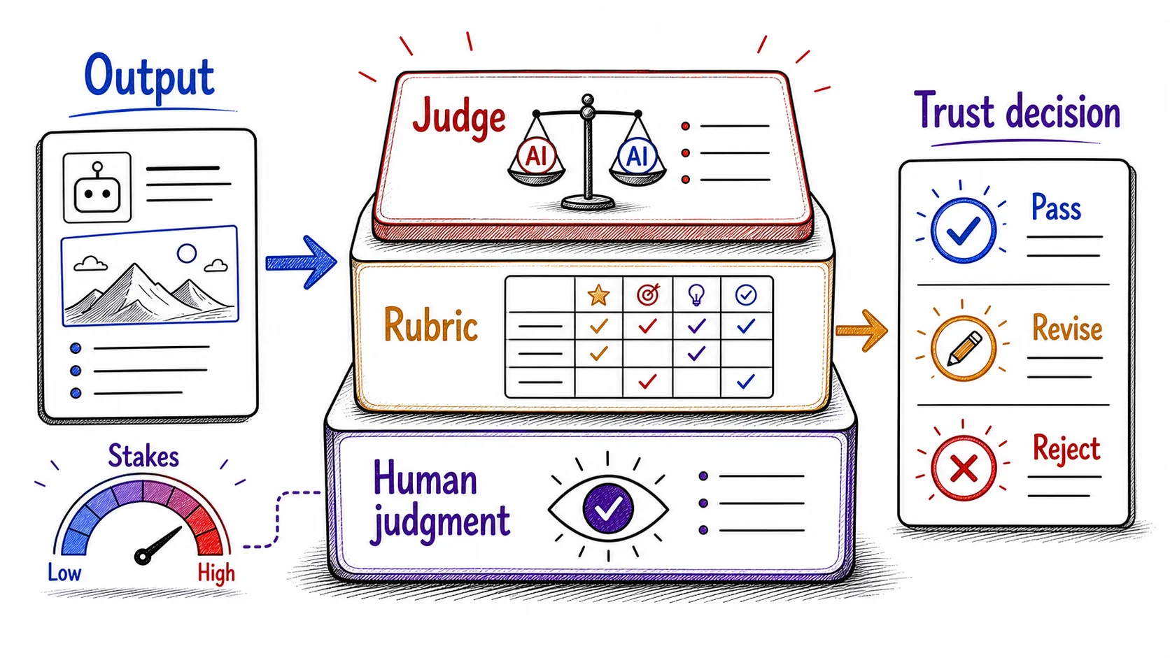 Hand-drawn layered evaluation stack showing AI output passing through human judgment, a rubric, and a judge before reaching a trust decision scaled by stakes.