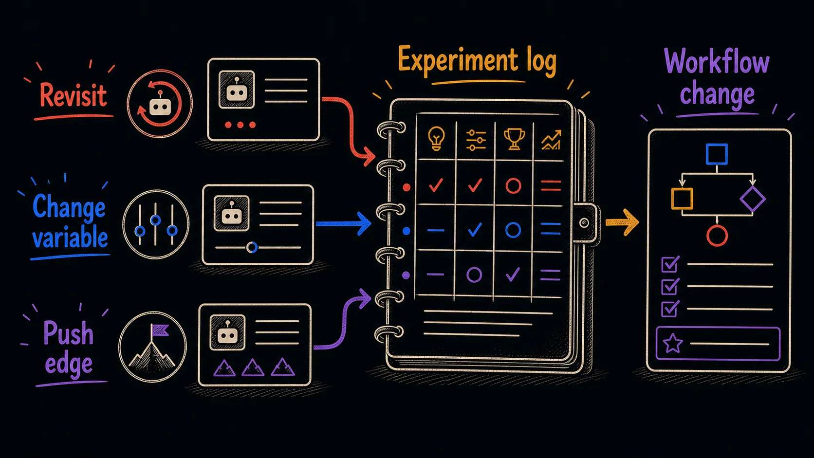 Hand-drawn three-lane experiment diagram showing revisit, change variable, and push edge tests feeding an experiment log that produces a workflow change.