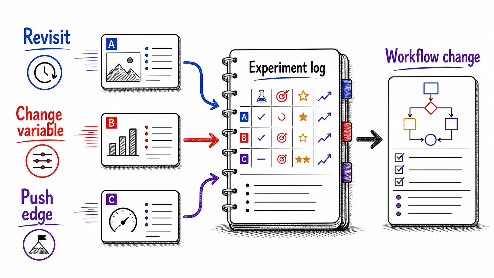 Hand-drawn three-lane experiment diagram showing revisit, change variable, and push edge tests feeding an experiment log that produces a workflow change.