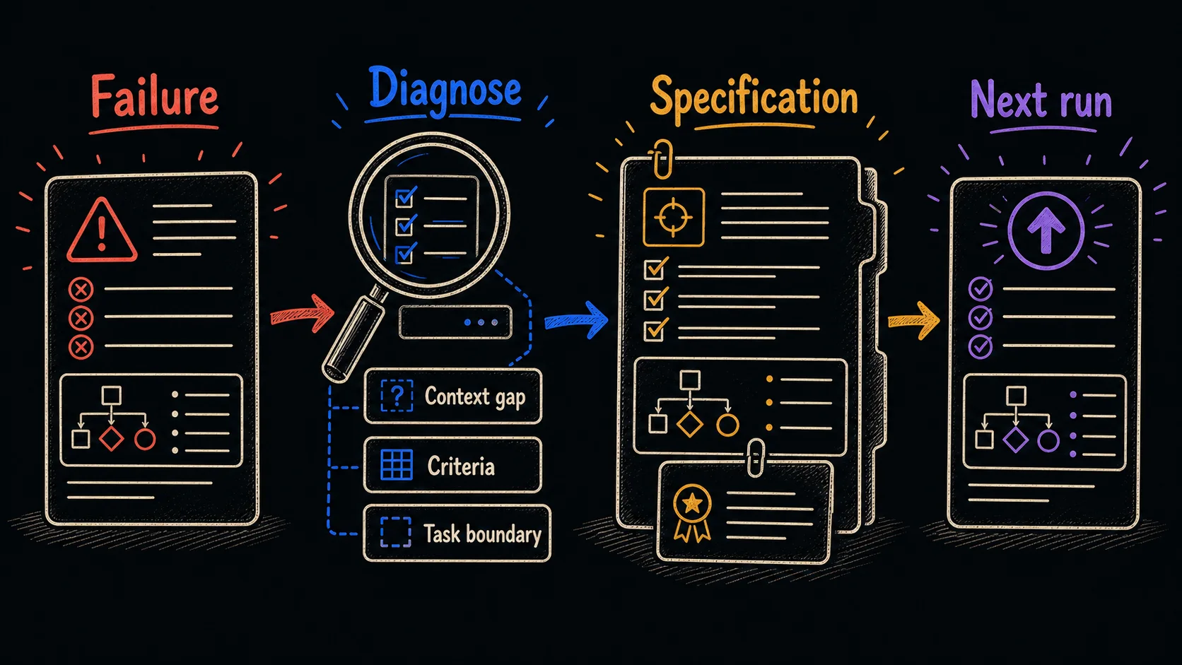 Hand-drawn process diagram showing an AI failure being diagnosed for context gap, criteria, and task boundary before becoming a reusable specification for the next run.