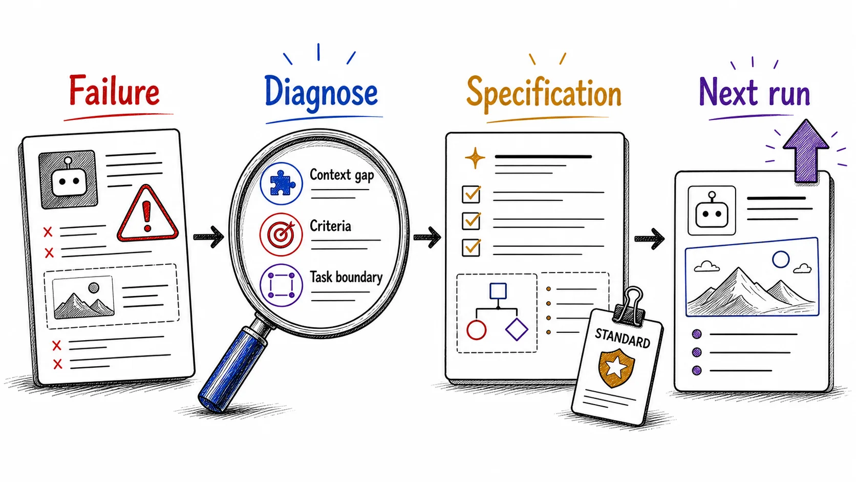 Hand-drawn process diagram showing an AI failure being diagnosed for context gap, criteria, and task boundary before becoming a reusable specification for the next run.