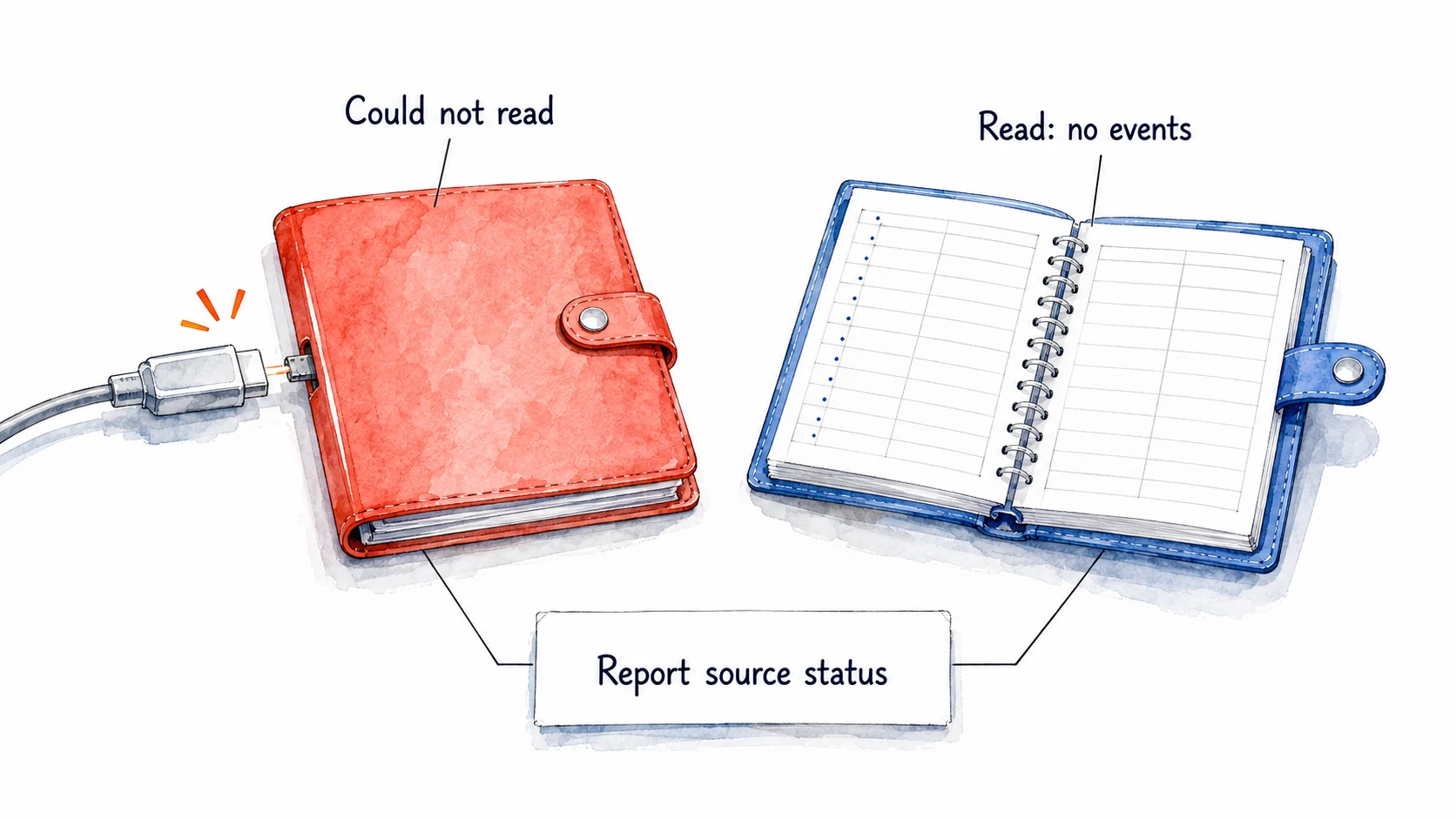 A closed calendar could not be read, while an open calendar was read and contained no events; the reported source status distinguishes the two.