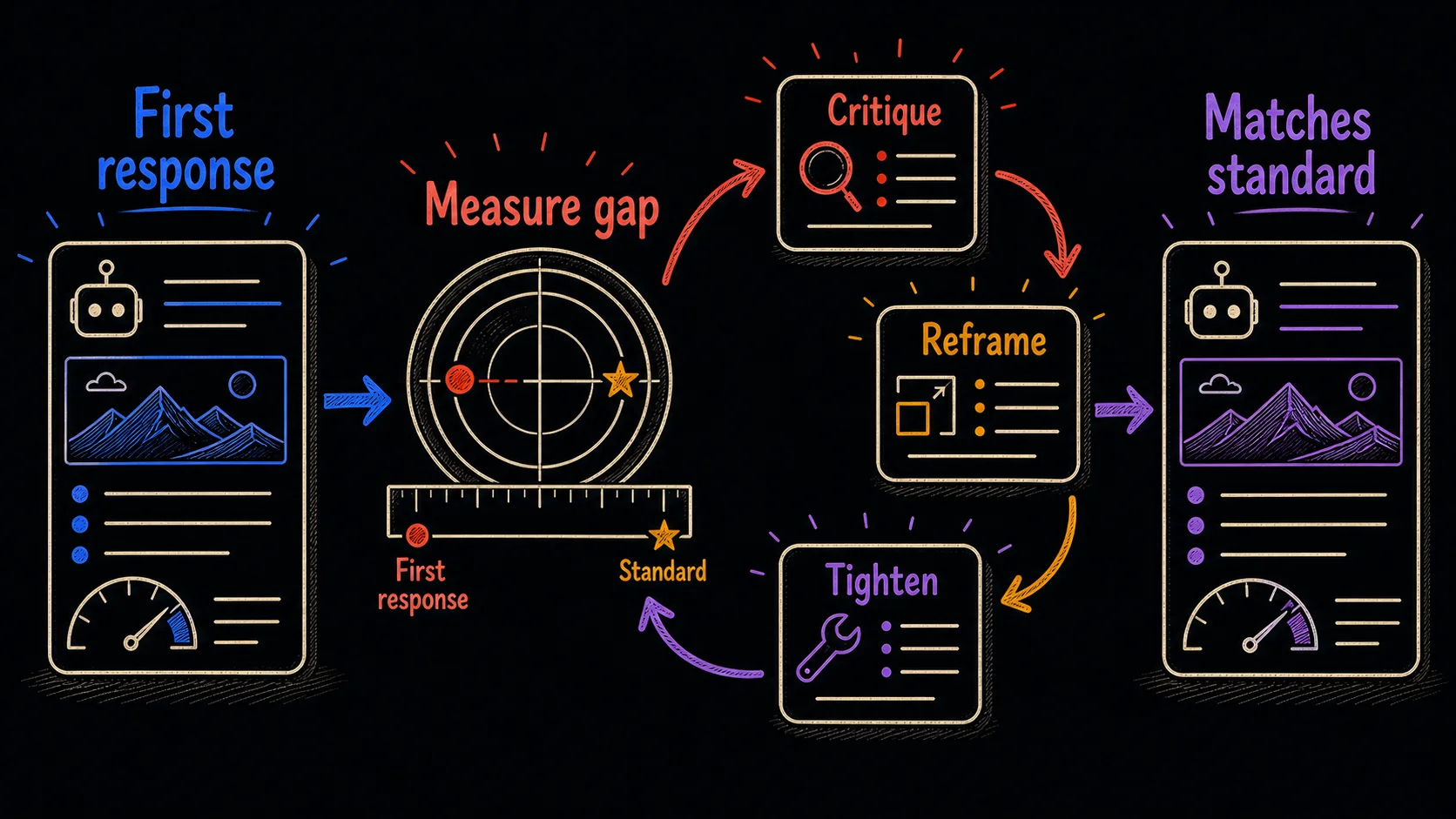 Hand-drawn feedback-loop diagram showing a first AI response being measured against a standard, then improved through critique, reframe, and tighten follow-up moves.