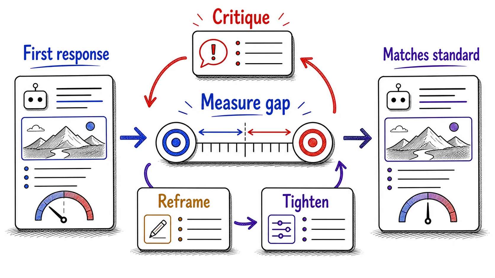 Hand-drawn feedback-loop diagram showing a first AI response being measured against a standard, then improved through critique, reframe, and tighten follow-up moves.