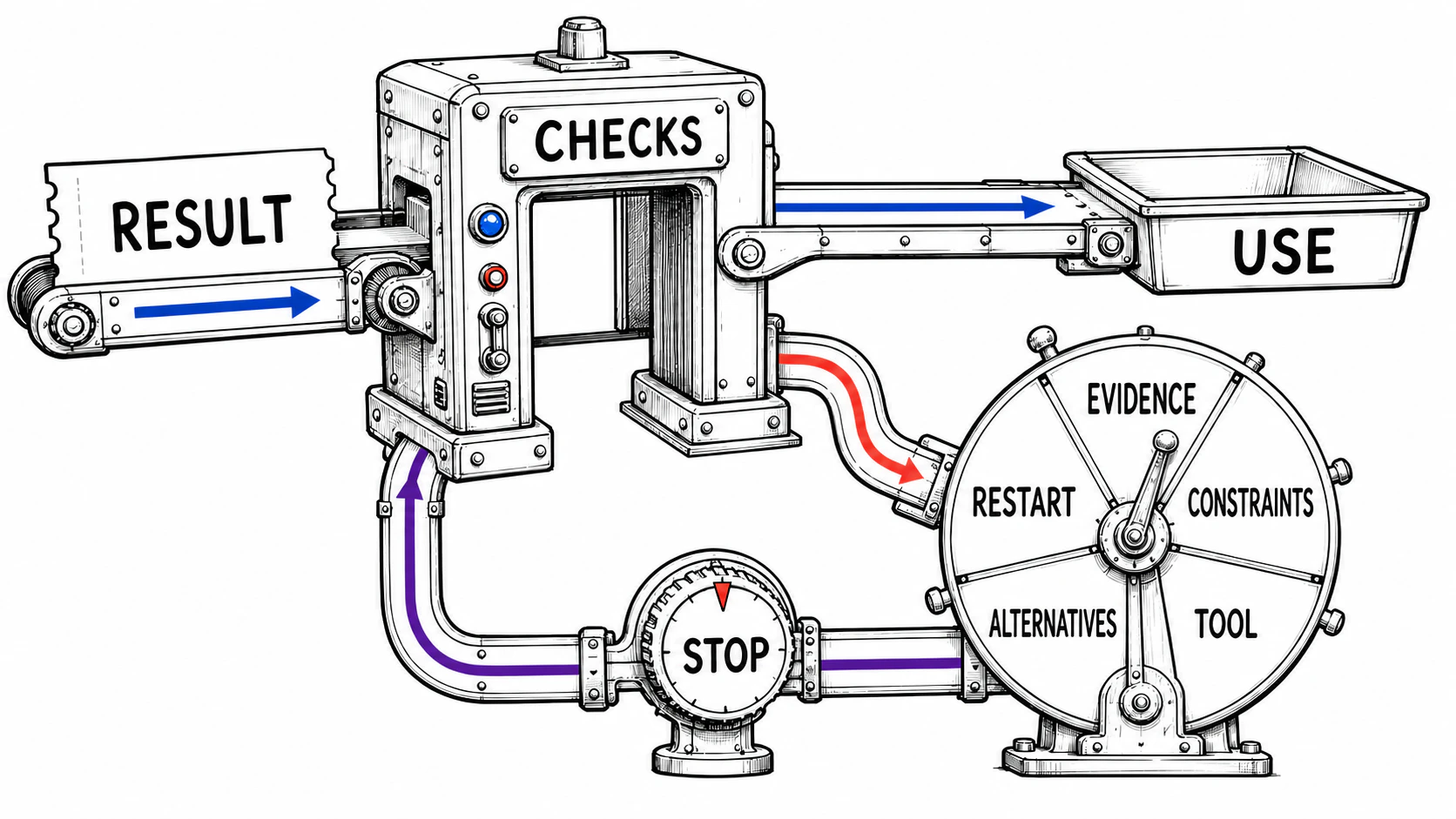 Hand-drawn feedback-loop diagram showing a first AI response being measured against a standard, then improved through critique, reframe, and tighten follow-up moves.