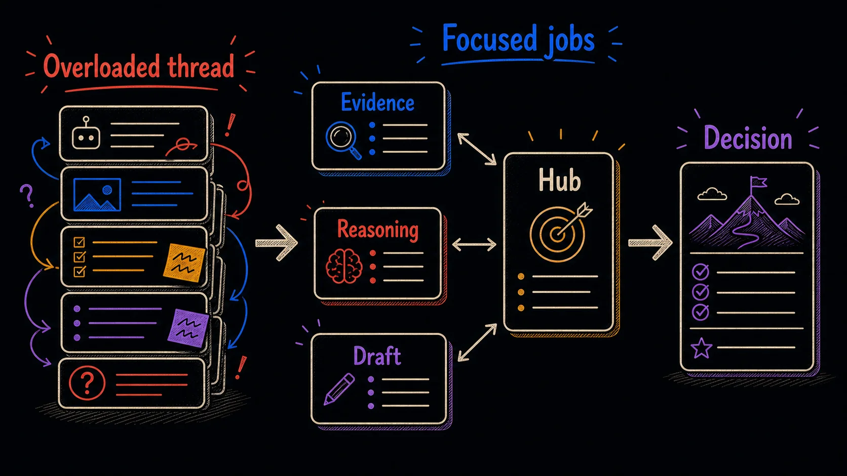 Hand-drawn hub-and-spoke diagram showing an overloaded AI thread replaced by focused evidence, reasoning, and draft conversations coordinated through a hub toward a decision.