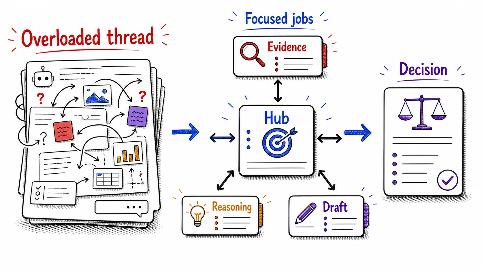 Hand-drawn hub-and-spoke diagram showing an overloaded AI thread replaced by focused evidence, reasoning, and draft conversations coordinated through a hub toward a decision.