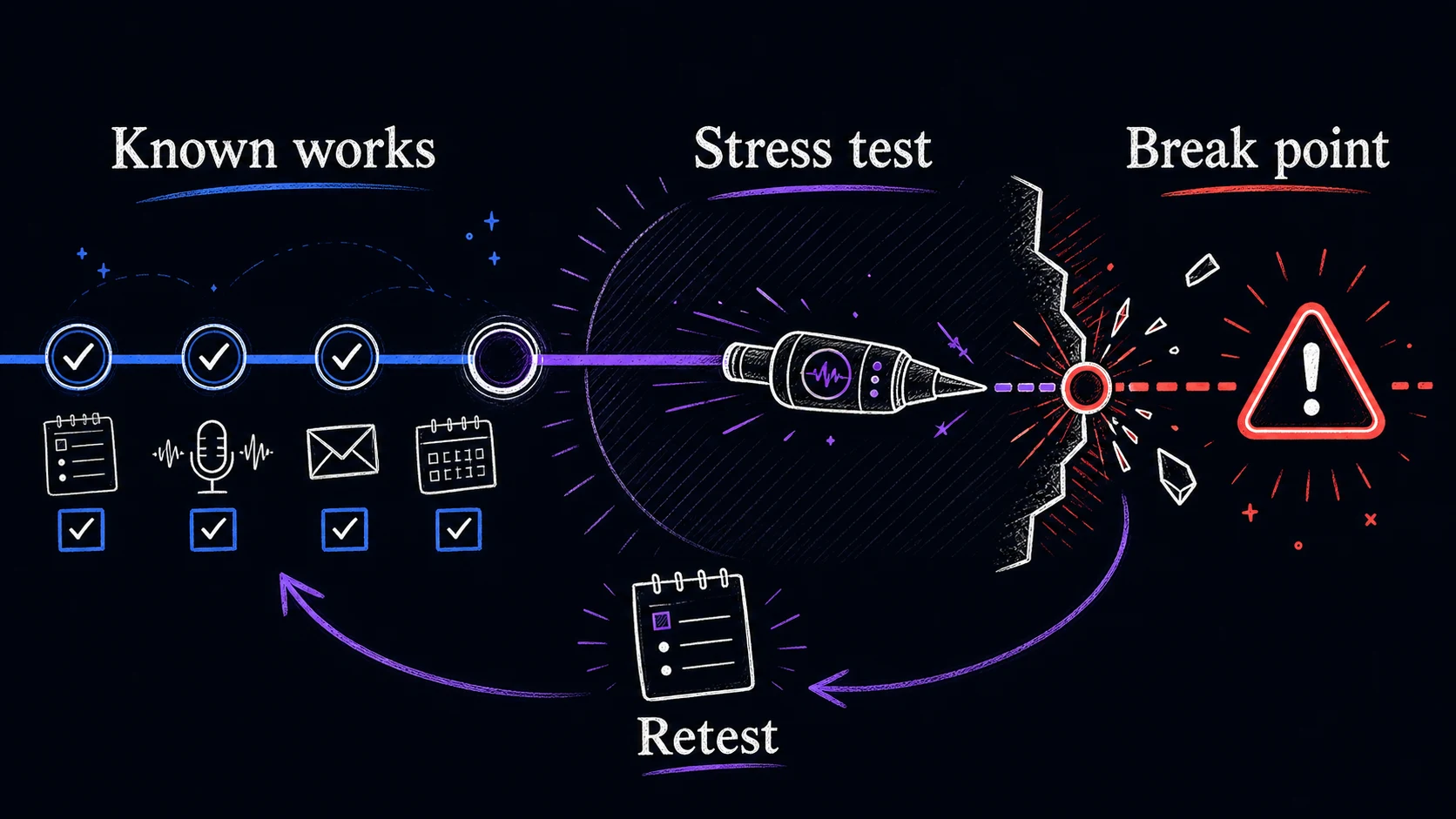 Hand-drawn frontier map showing known working tasks, a deliberate stress test probe, a break point, and a retest loop.