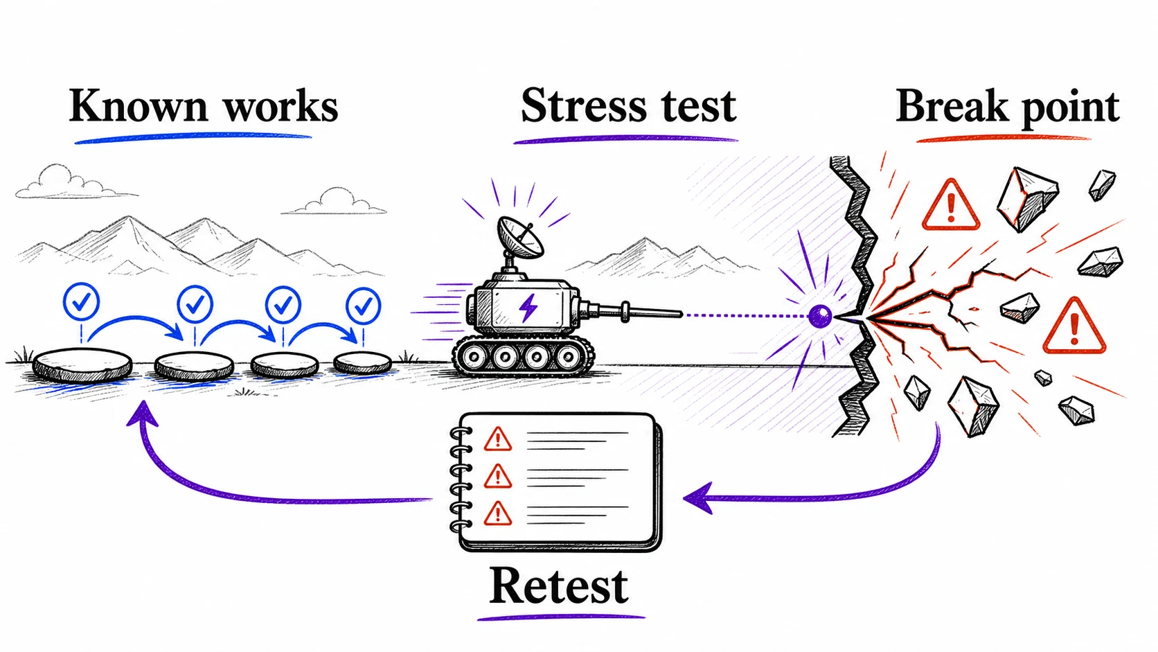 Hand-drawn frontier map showing known working tasks, a deliberate stress test probe, a break point, and a retest loop.