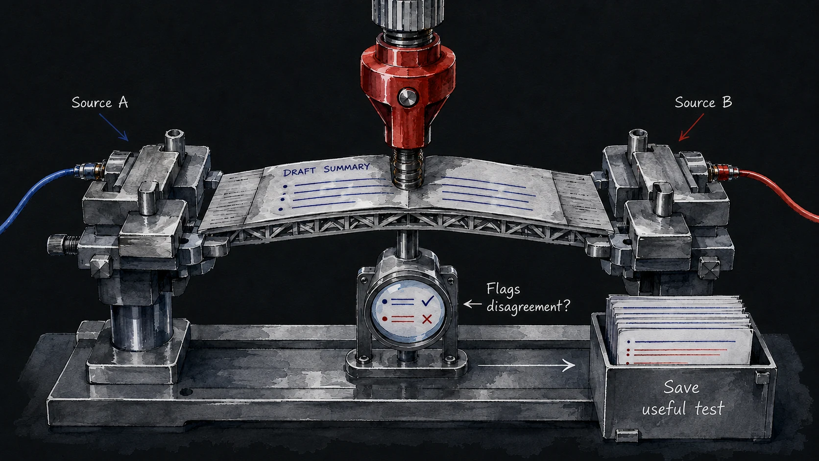 A draft summary between two sources undergoes a mechanical stress test that asks whether it flags disagreement and saves a useful test.