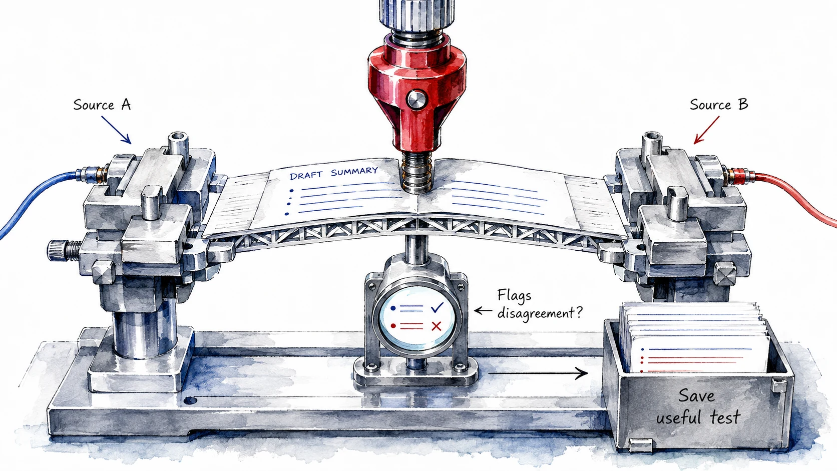 A draft summary between two sources undergoes a mechanical stress test that asks whether it flags disagreement and saves a useful test.