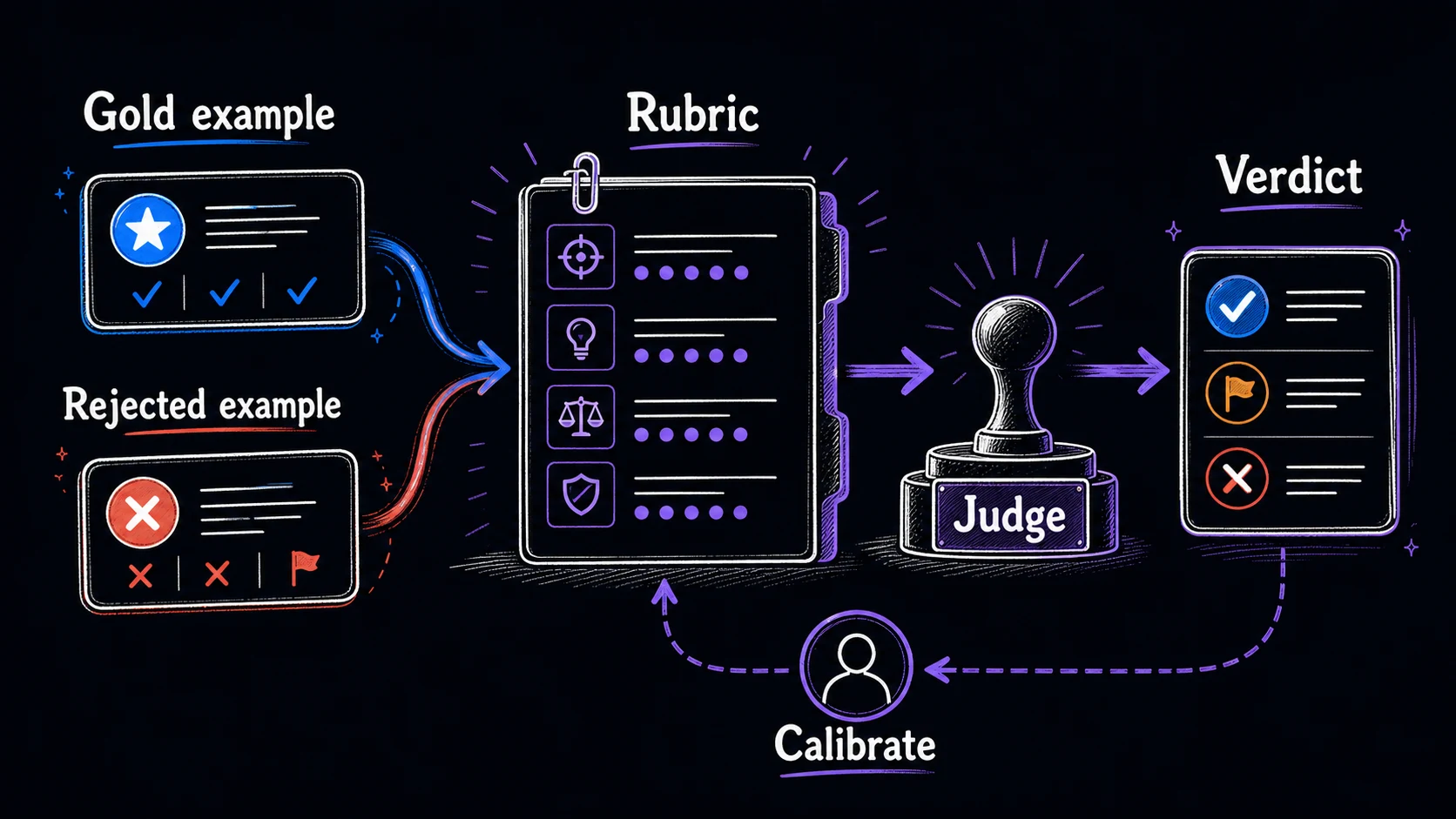 Hand-drawn judge calibration loop showing gold and rejected examples feeding a rubric, a judge producing a verdict, and calibration looping back.
