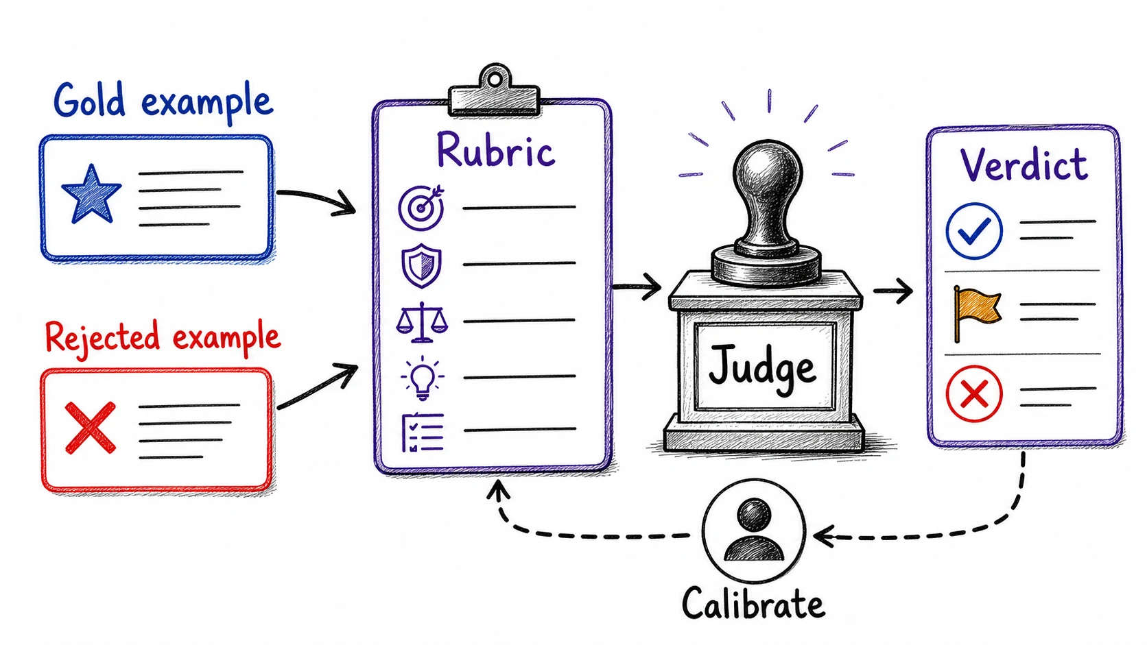 Hand-drawn judge calibration loop showing gold and rejected examples feeding a rubric, a judge producing a verdict, and calibration looping back.