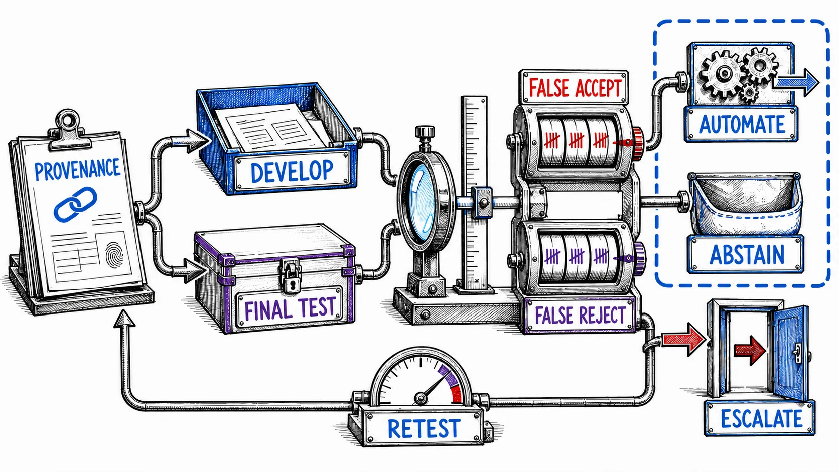 Hand-drawn development-only judge calibration loop showing labeled examples feeding a rubric, a judge producing a verdict, and tuning looping back before a separate final test.