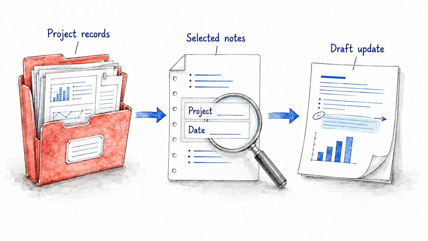 Project records supply selected notes whose project and date fields are inspected before those notes feed a draft update.