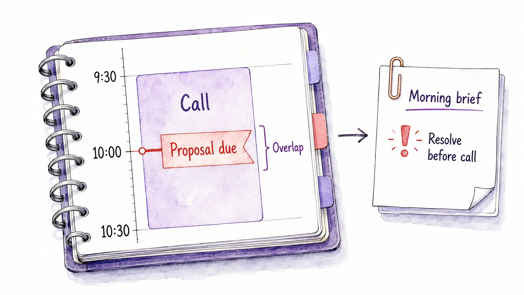 A violet planner shows a proposal due at 10:00 within a call from 9:30 to 10:30; an arrow leads to a morning brief asking for resolution before the call.