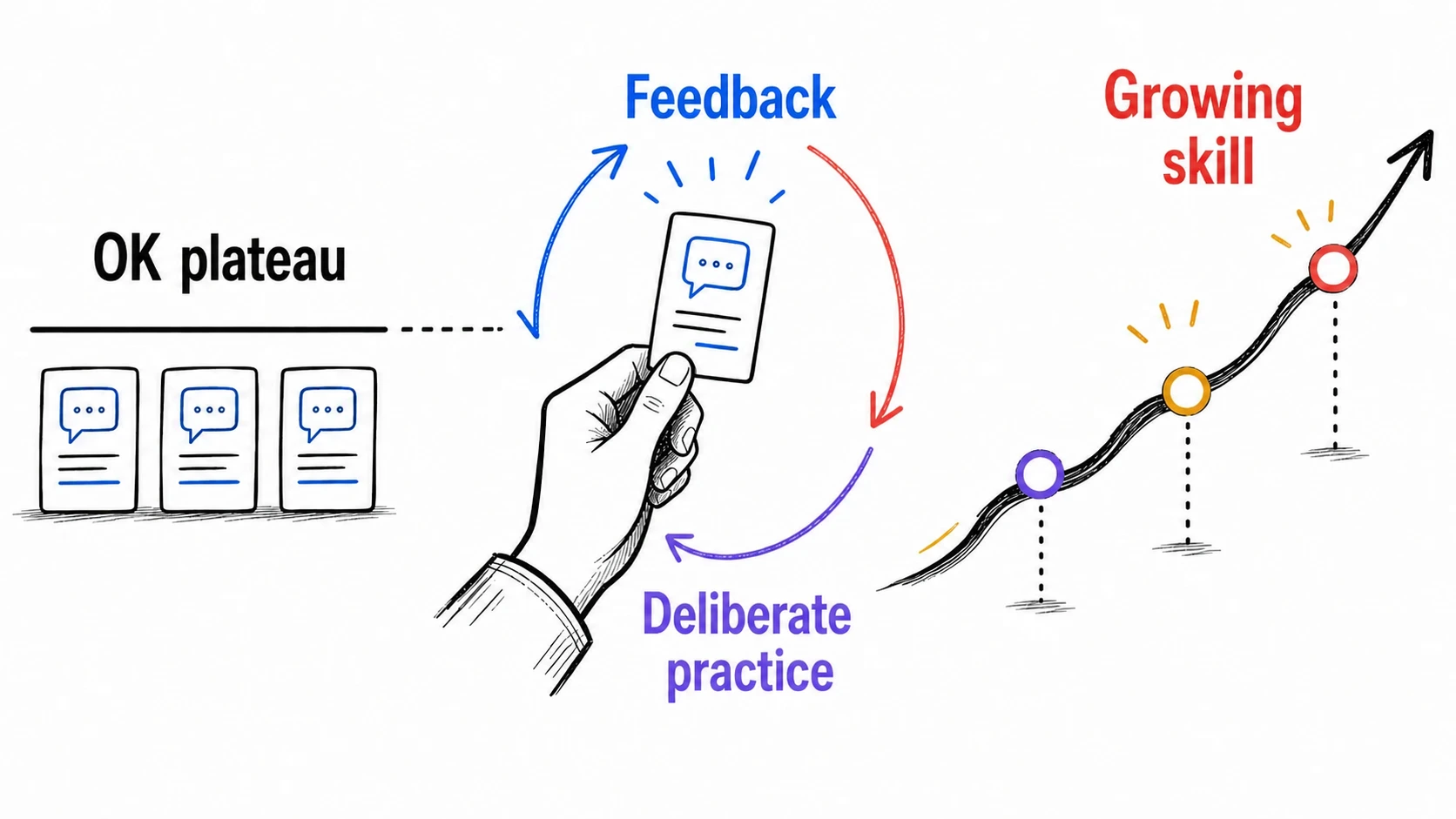 A stalled OK plateau turning into a deliberate practice feedback loop and rising compounding skill curve