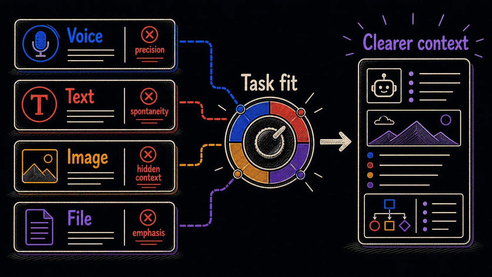 Hand-drawn routing diagram comparing voice, text, image, and file inputs as different context channels routed through task fit into clearer context.