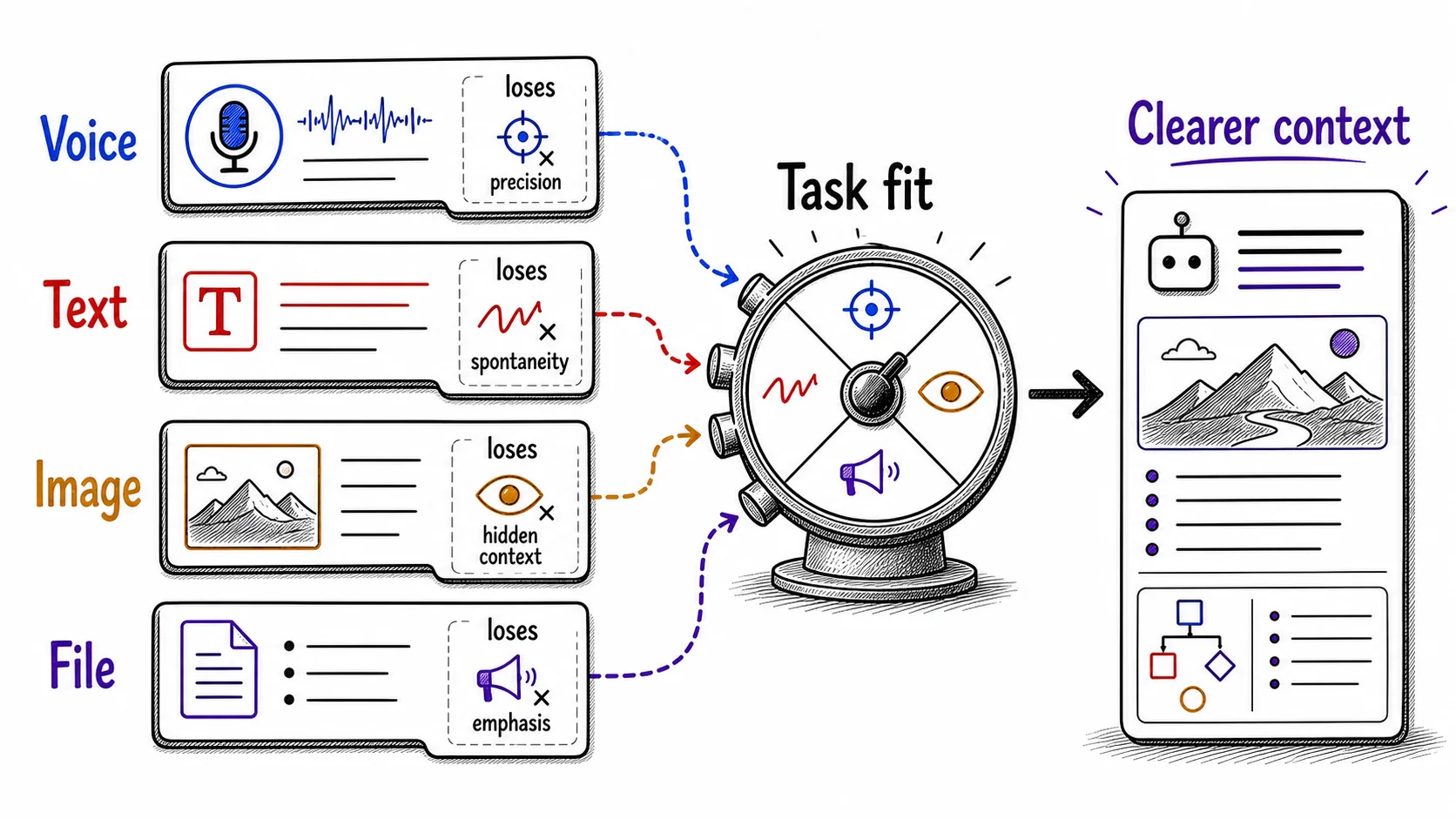 Hand-drawn routing diagram comparing voice, text, image, and file inputs as different context channels routed through task fit into clearer context.
