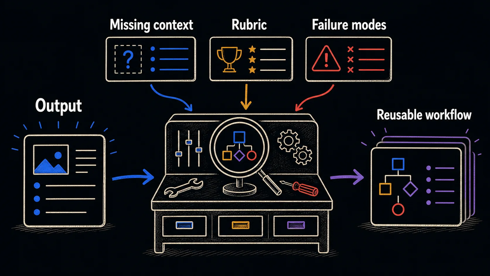 Hand-drawn workbench diagram showing one AI output being examined for missing context, rubric, and failure modes before becoming a reusable workflow.