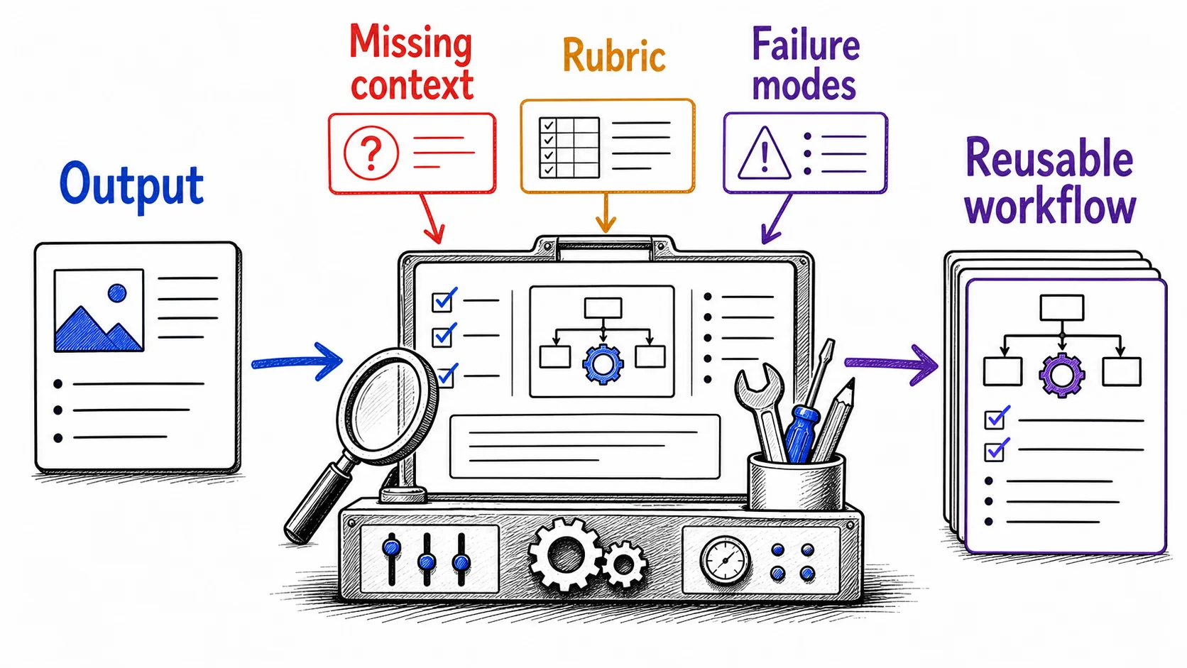 Hand-drawn workbench diagram showing one AI output being examined for missing context, rubric, and failure modes before becoming a reusable workflow.